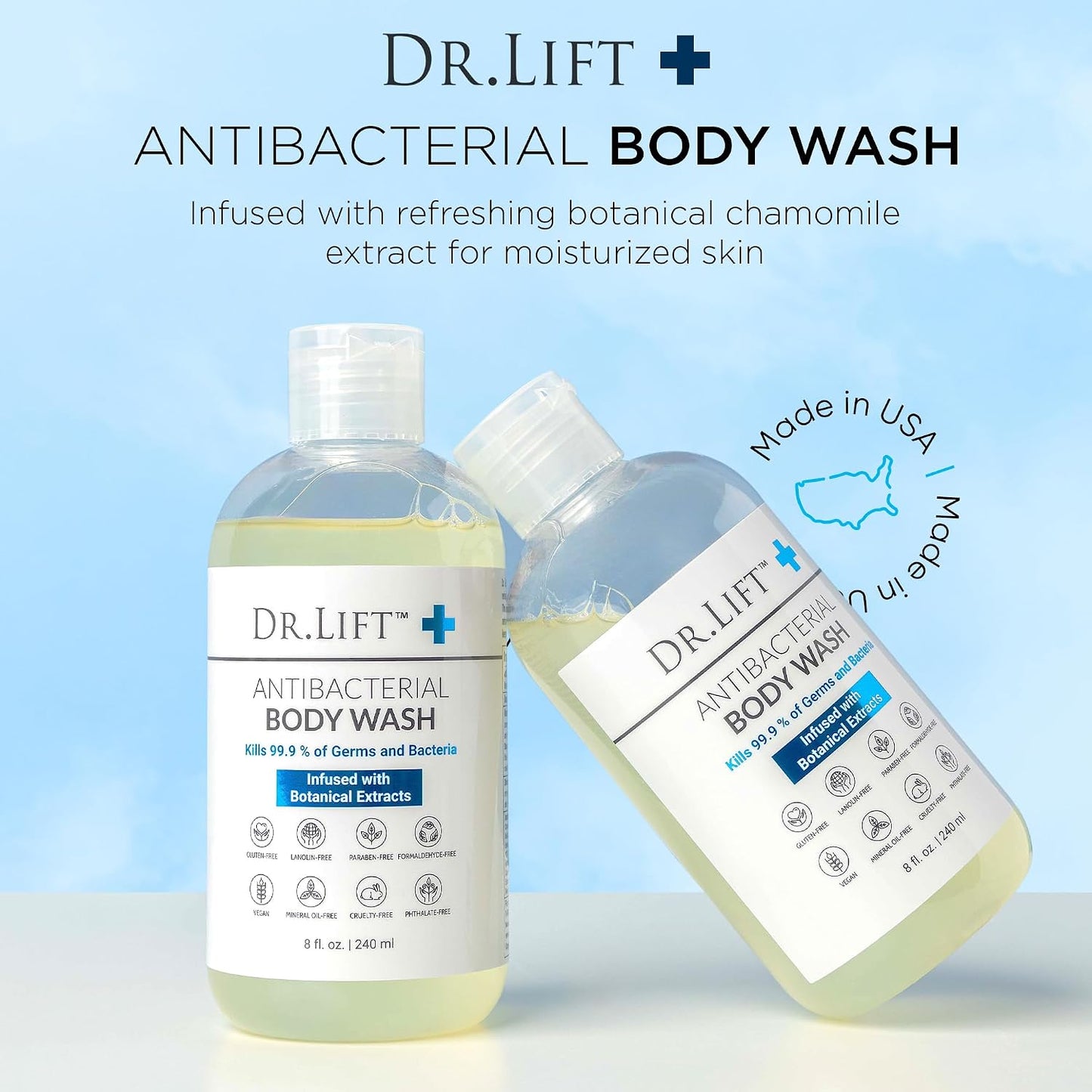 HotDr. Lift Antibacterial Body Wash, Lemon, Spirulina, Vegan, 8 Fl Oz | Refreshing Scent, Citric Acid, Hydrating Moisturizing Formula, Paraben & Phthalate Free