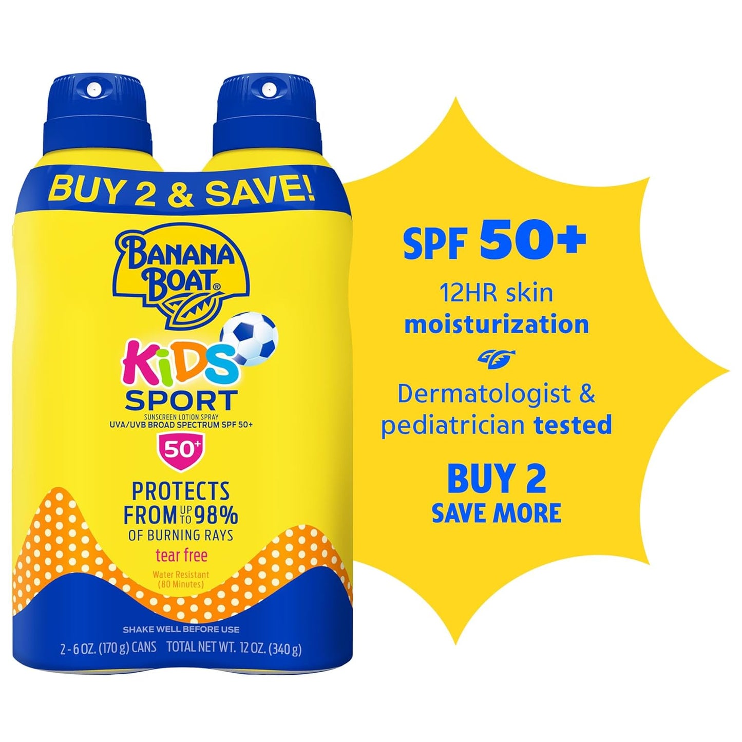 HotBanana Boat Sport Kids Sunscreen Spray SPF 50, Twin Pack | Spray Sunscreen for Kids, Childrens Sunblock SPF 50, Oxybenzone Free, 6oz each