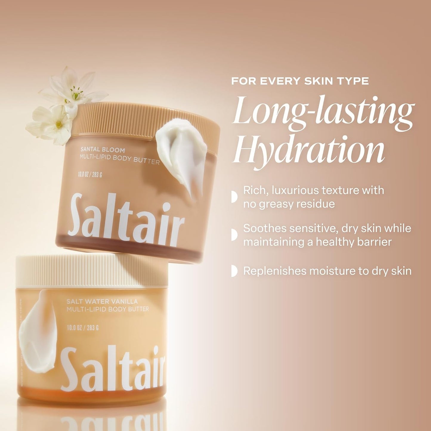HotSaltair Multi-Lipid Body Butter - Rich, Nourishing Hydrating Body Cream with Ceramide Complex, Coconut Oil, Shea Butter, and Sea Buckthorn. Moisturizing Dry Skin Care. 10oz Jar - Santal Bloom