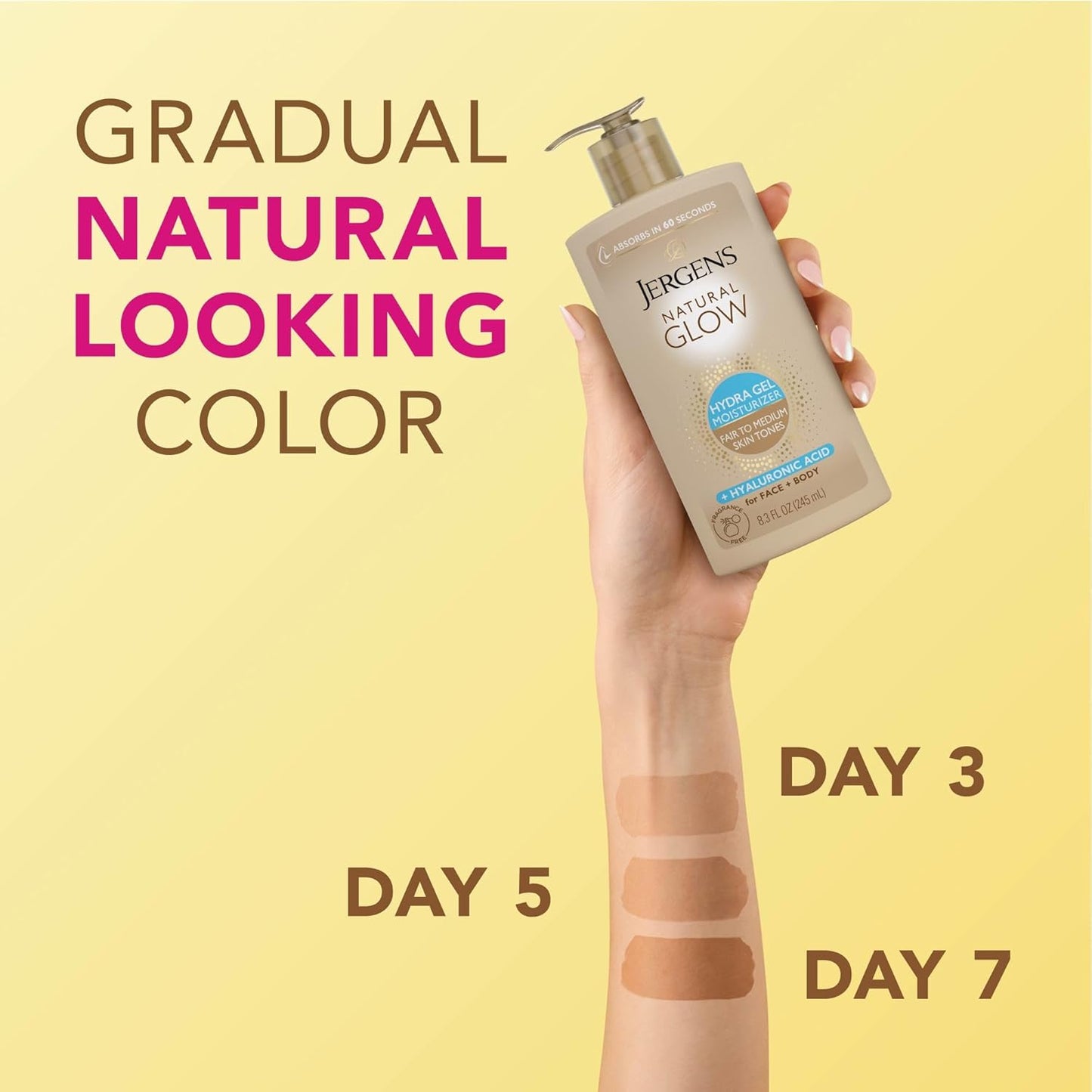 HotJergens Natural Glow Hydra Gel Self Tanner, Fair to Medium, 8.3 fl oz | Gradual Self Tanning Gel, Hyaluronic Acid, Hydrating, Fragrance-Free, Fair to Medium Skin, Buildable Glow