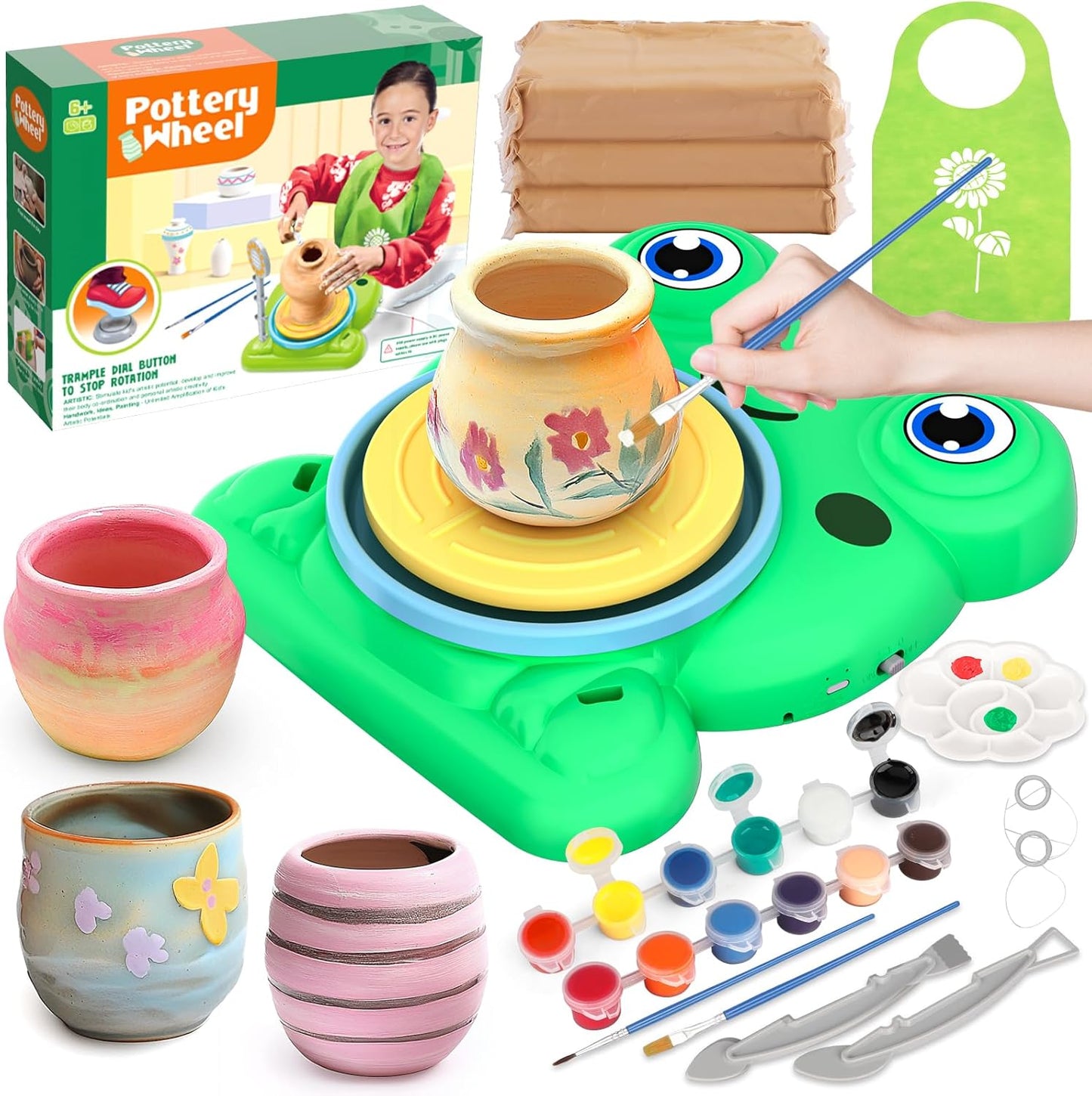 HotAujazyble Pottery Wheel for Kids - Complete Pottery Painting Kit Arts and Crafts for Kids Ages 8-12 with 3 Pack Air Dry Clay Art Supplies Toys for Girls Boy Birthday Gift for 6 7 8 9 10 11 12+