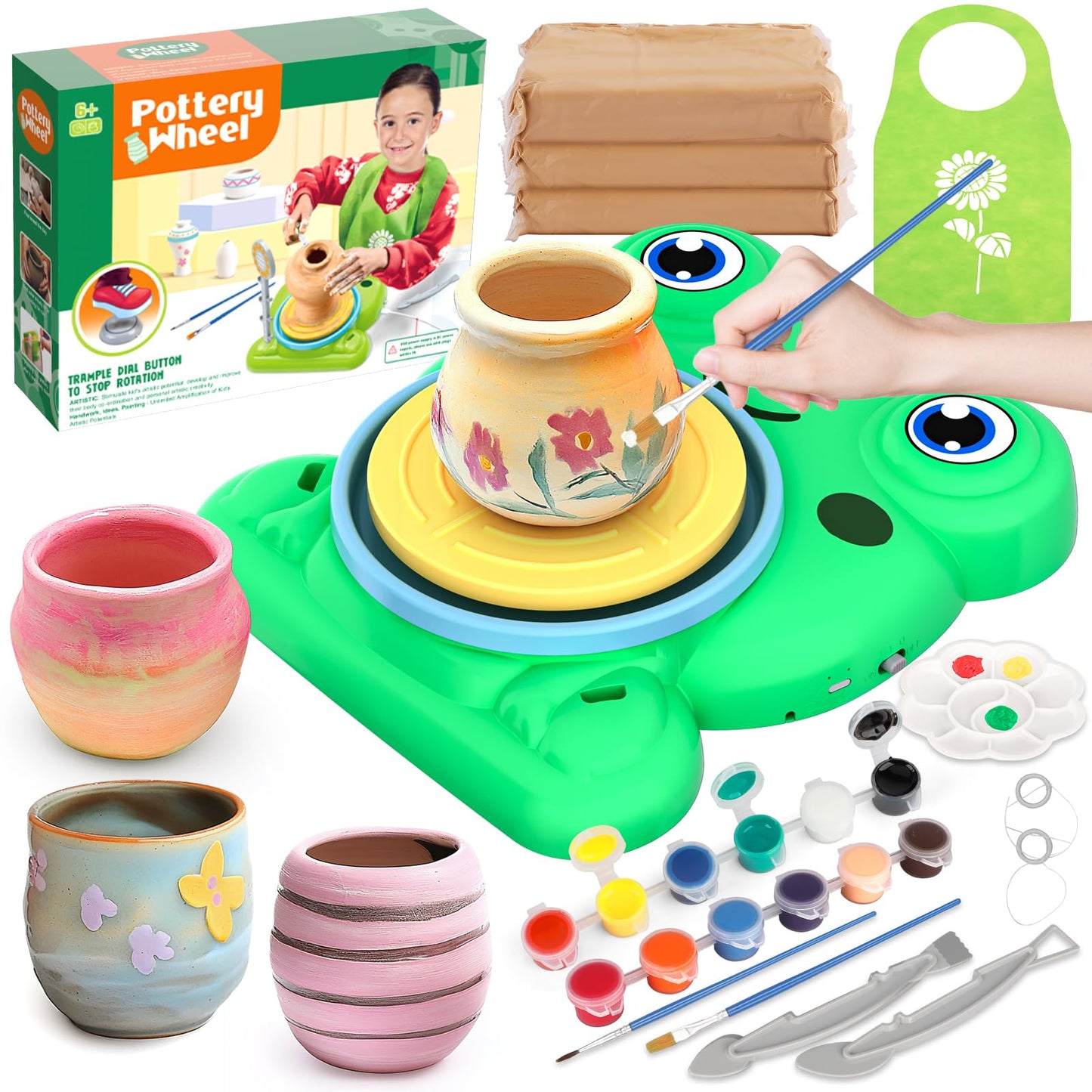 HotAujazyble Pottery Wheel for Kids - Complete Pottery Painting Kit Arts and Crafts for Kids Ages 8-12 with 3 Pack Air Dry Clay Art Supplies Toys for Girls Boy Birthday Gift for 6 7 8 9 10 11 12+