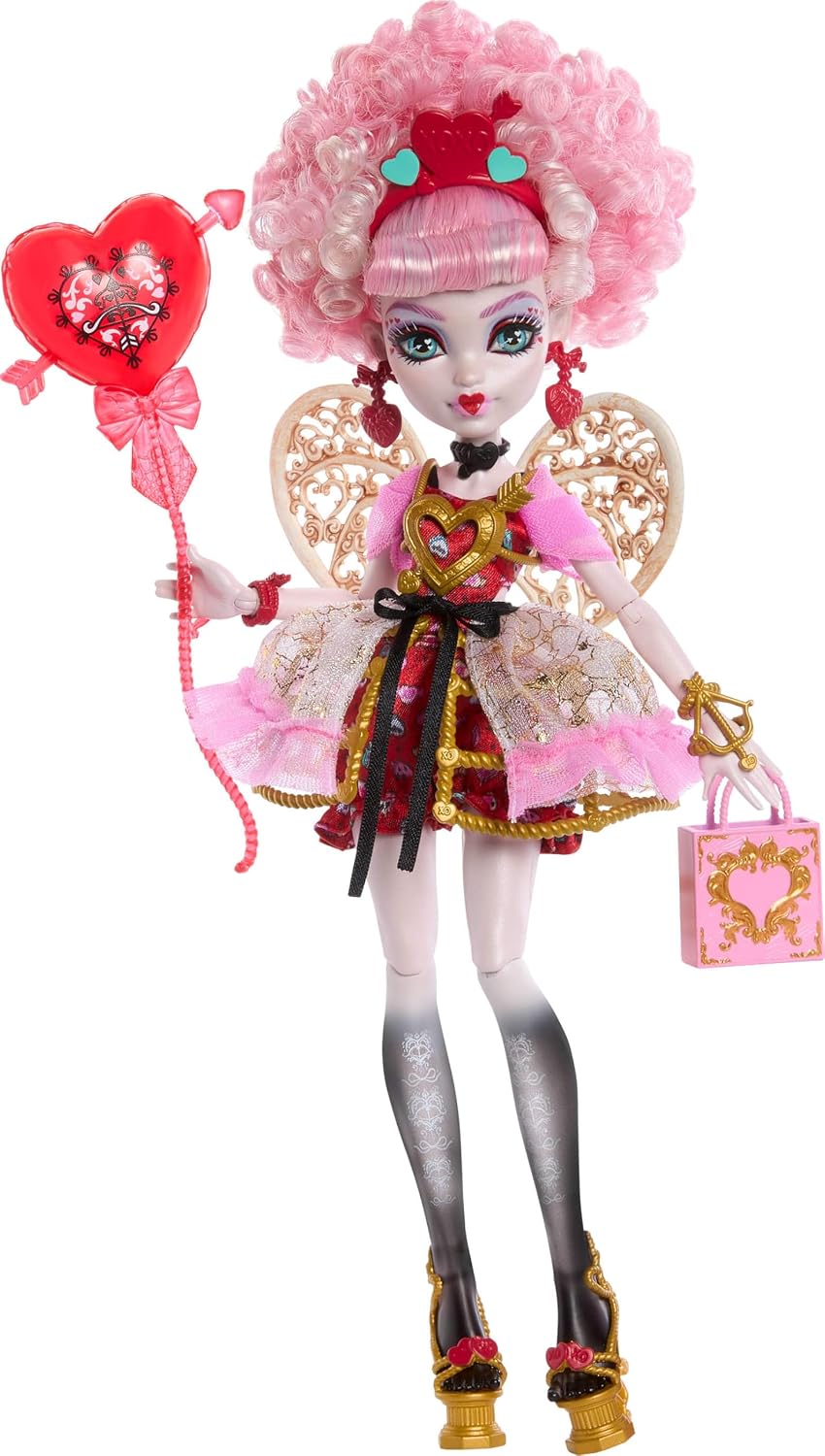 Hot Monster High Scary Sweet Birthday Cupid Asteria Doll | Doll in Pink and Red Party Dress with Party-Themed Accessories like Invite, Balloon, Gift and More