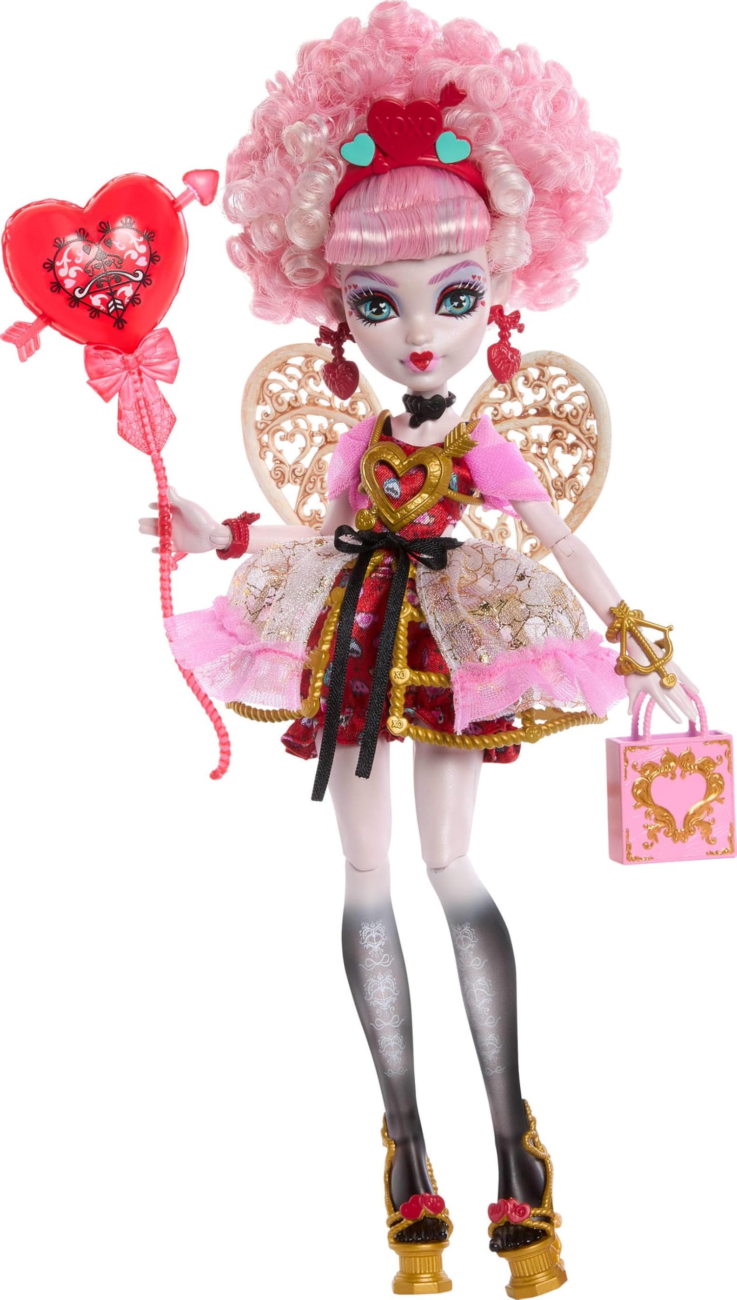 Hot Monster High Scary Sweet Birthday Cupid Asteria Doll | Doll in Pink and Red Party Dress with Party-Themed Accessories like Invite, Balloon, Gift and More