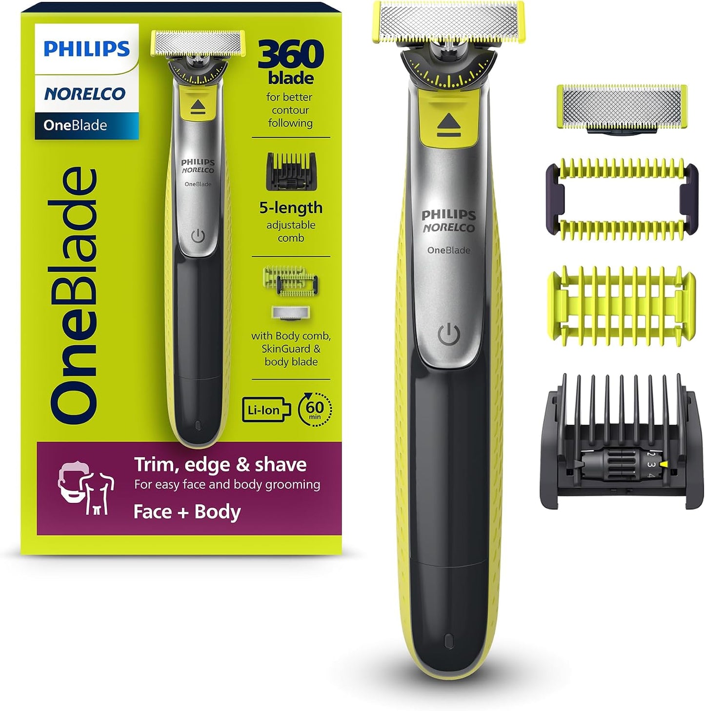 HotPhilips Norelco for Face + Body, Electric Beard Trimmer, Shaver and Groomer, 5in1 Adjustable Comb, 1x Body Kit, Model QP2834/70, Black/Lime Green