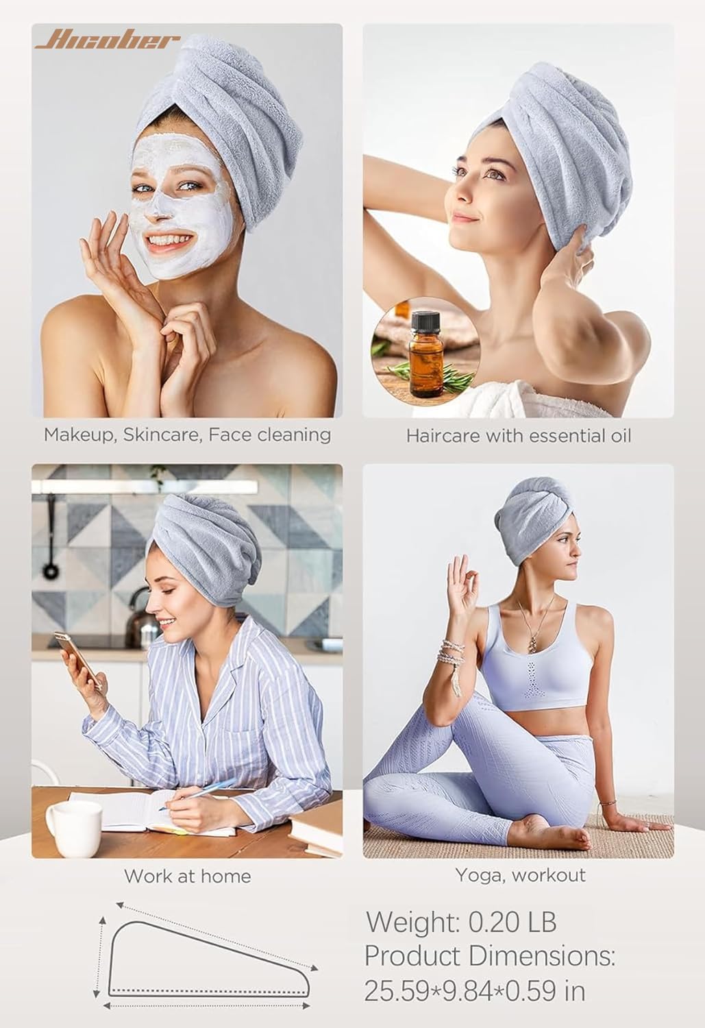 HotHicober Microfiber Hair Towel Wrap, Fast Drying Hair Towels for Women, Soft Lightweight Quick Dry Turban for Curly & Long Hair–3 Pack(Blue/Grey/Pink)