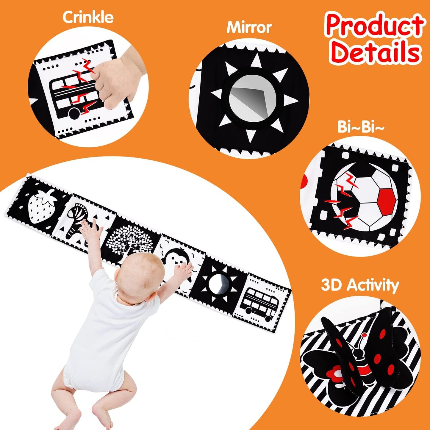 HotBlack and White High Contrast Toys for Baby 0-3 3-6 months Infant Tummy Time Soft Crinkle Book Mirror Sensory Toys 0 2 4 5 6 Month Old Babies Boy Gril Newborn Development Christmas Stocking Stuffer