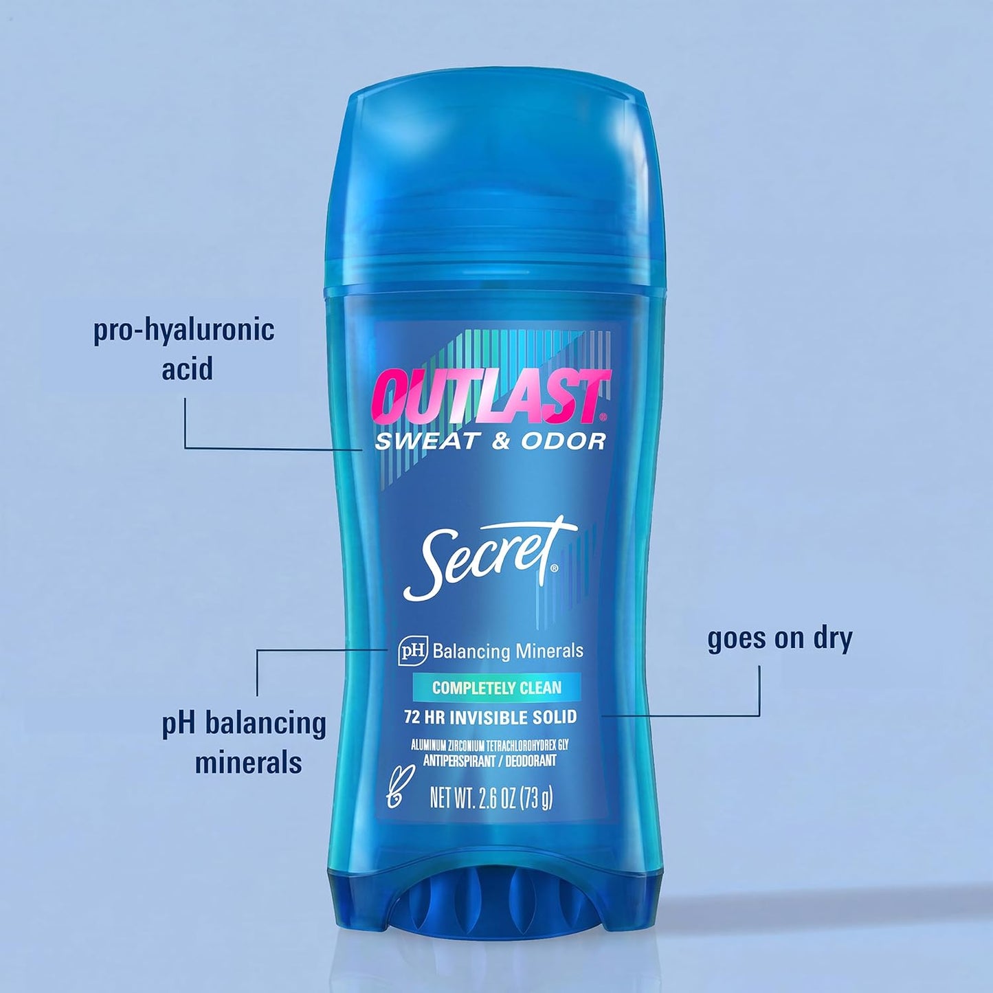 HotSecret Outlast Antiperspirant Deodorant for Women, 72hr Sweat & Odor Protection, PH Balancing Minerals, Invisible Solid, Completely Clean Scent, 2.6 oz (Pack of 2)