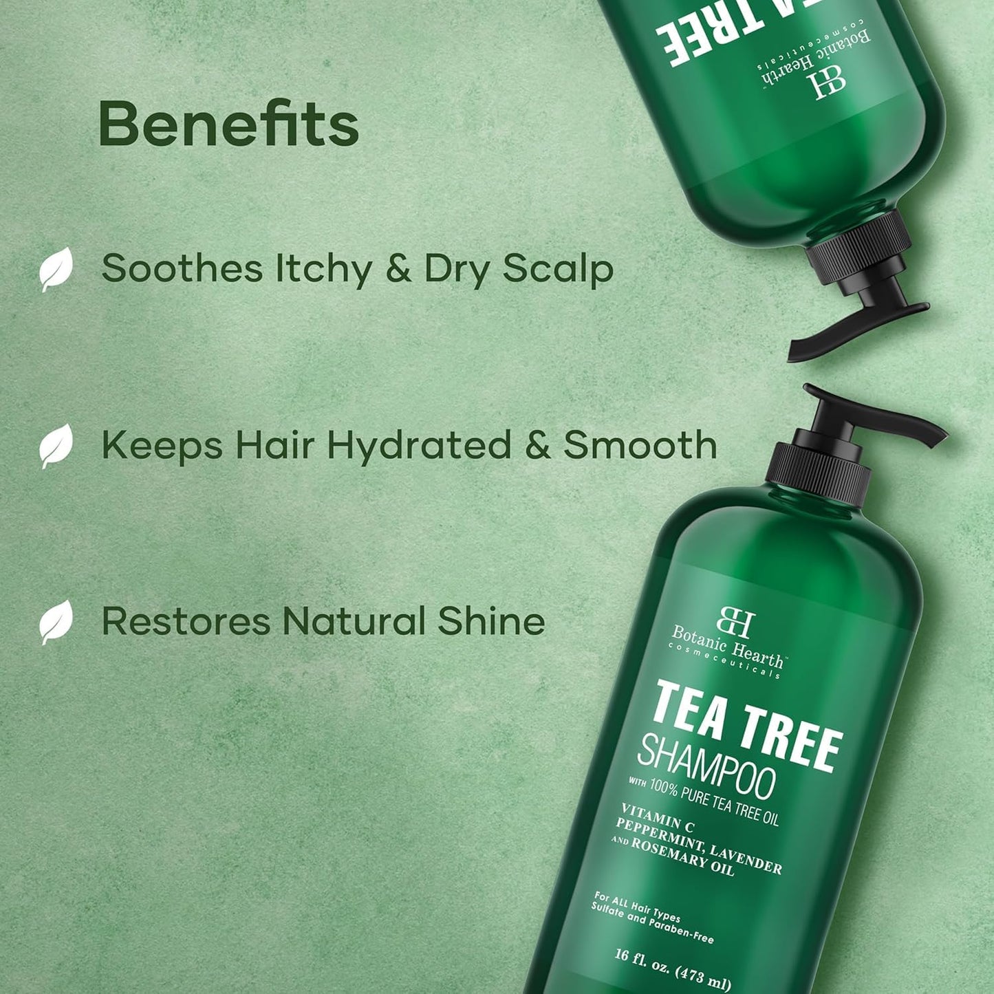 HotBotanic Hearth Tea Tree Shampoo, Vitamin C, Peppermint, Lavender and Rosemary Oil, Fights Dandruff and Dry Scalp, 16 fl oz