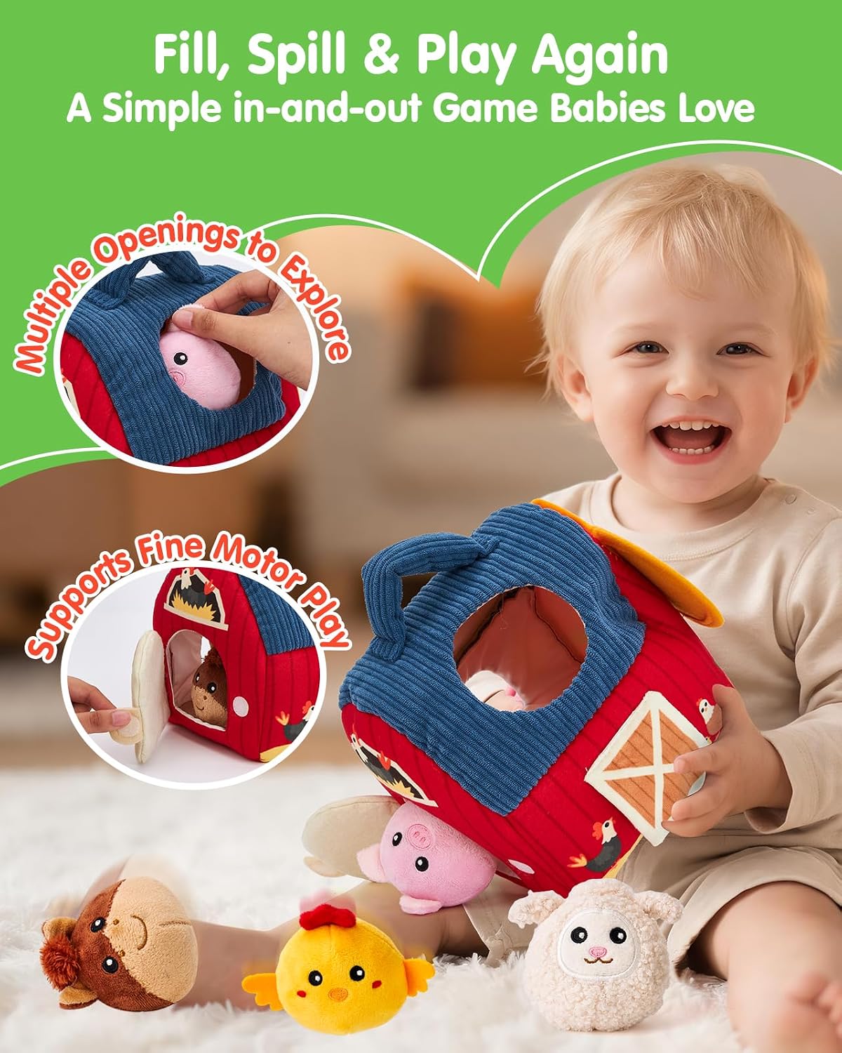Hothahaland Baby Toys 6-12 Months - Surprise Barn Stuffed Farm Animals Plush | 6 Month Old Montessori Toys with Rattle Crinkle Sound, Texures, Mirror, Infant Sensory Balls 7 8 9 Month Old Baby Boy Gifts
