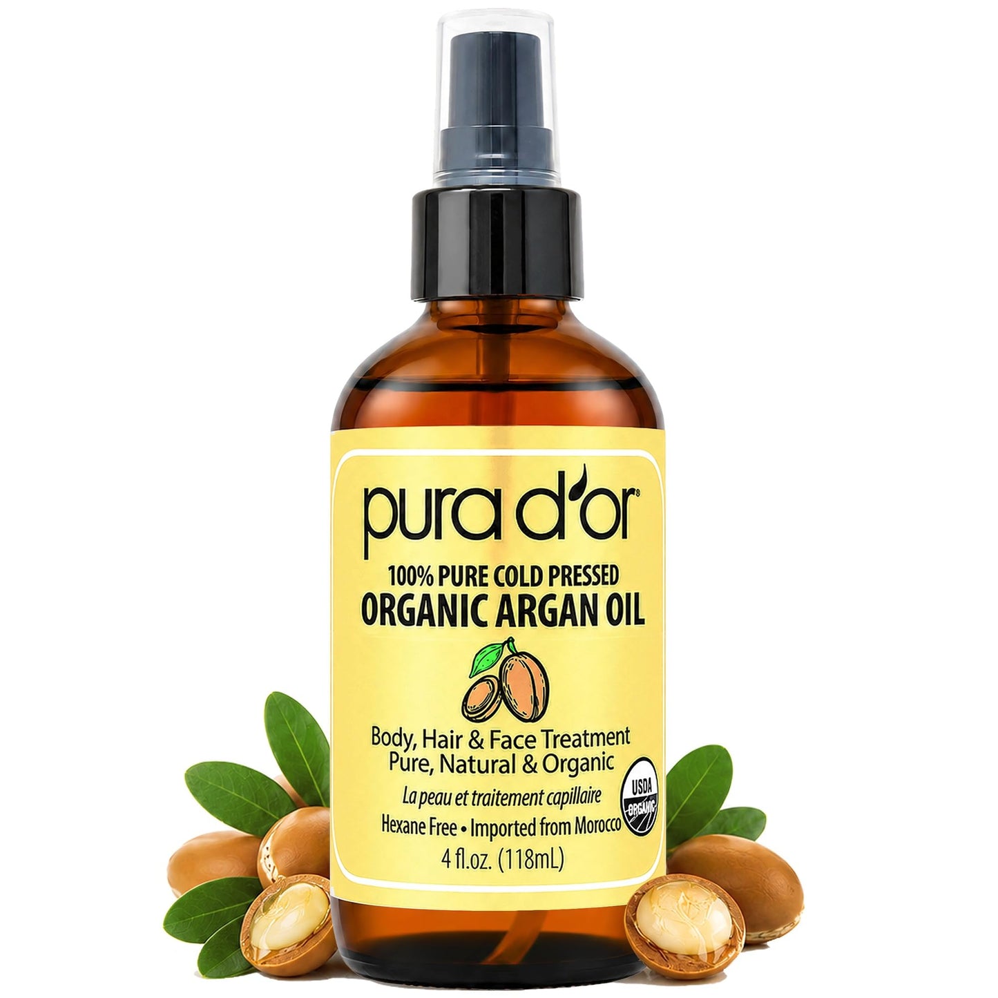 HotPURA D'OR ORGANIC Rosehip Seed Oil 100% Pure Cold Pressed USDA Certified For Hair, Skin, Scalp, Anti Aging Face & Body - Hexane Free Glass Bottle - 4 Oz - Hair Regrowth Tonic