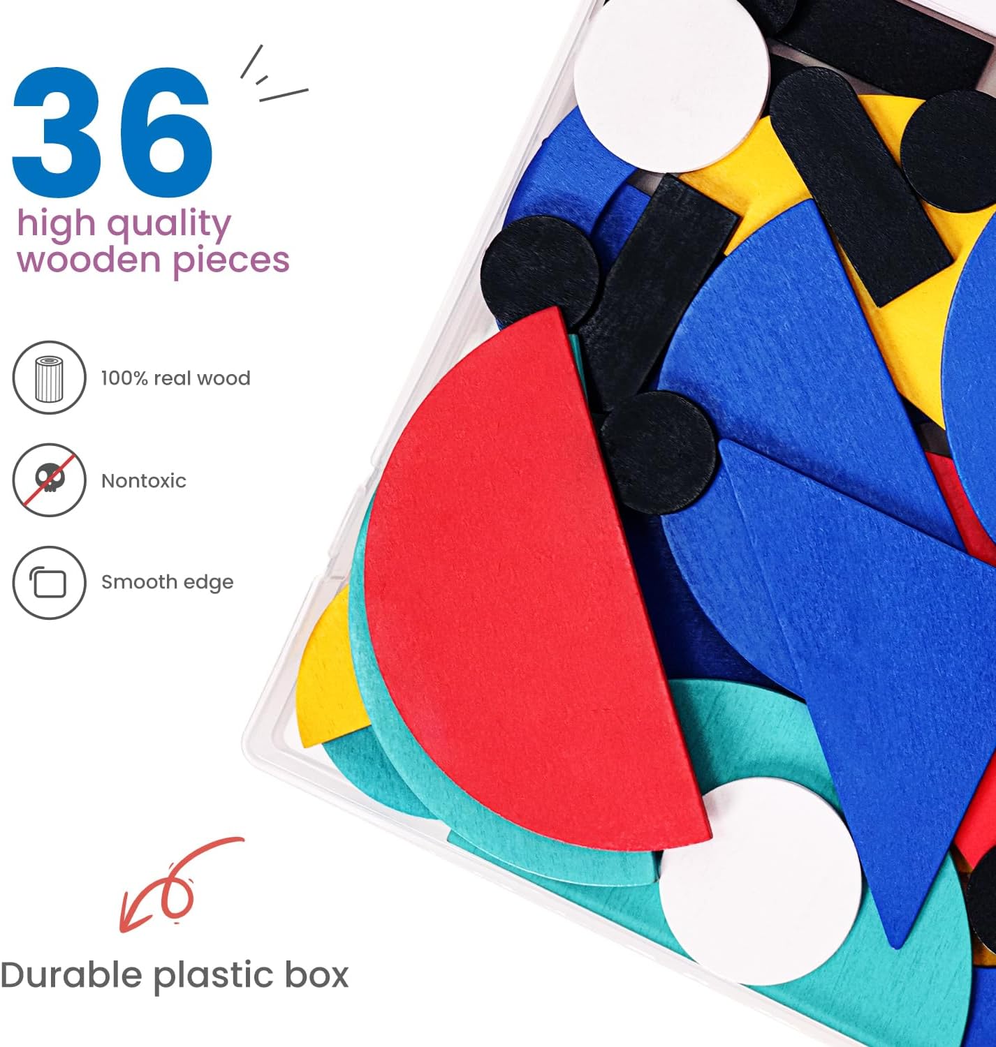HotLiKee Wooden Shape Puzzle, 36 Blocks & 60 Cards, Montessori Toy for Kids 3+