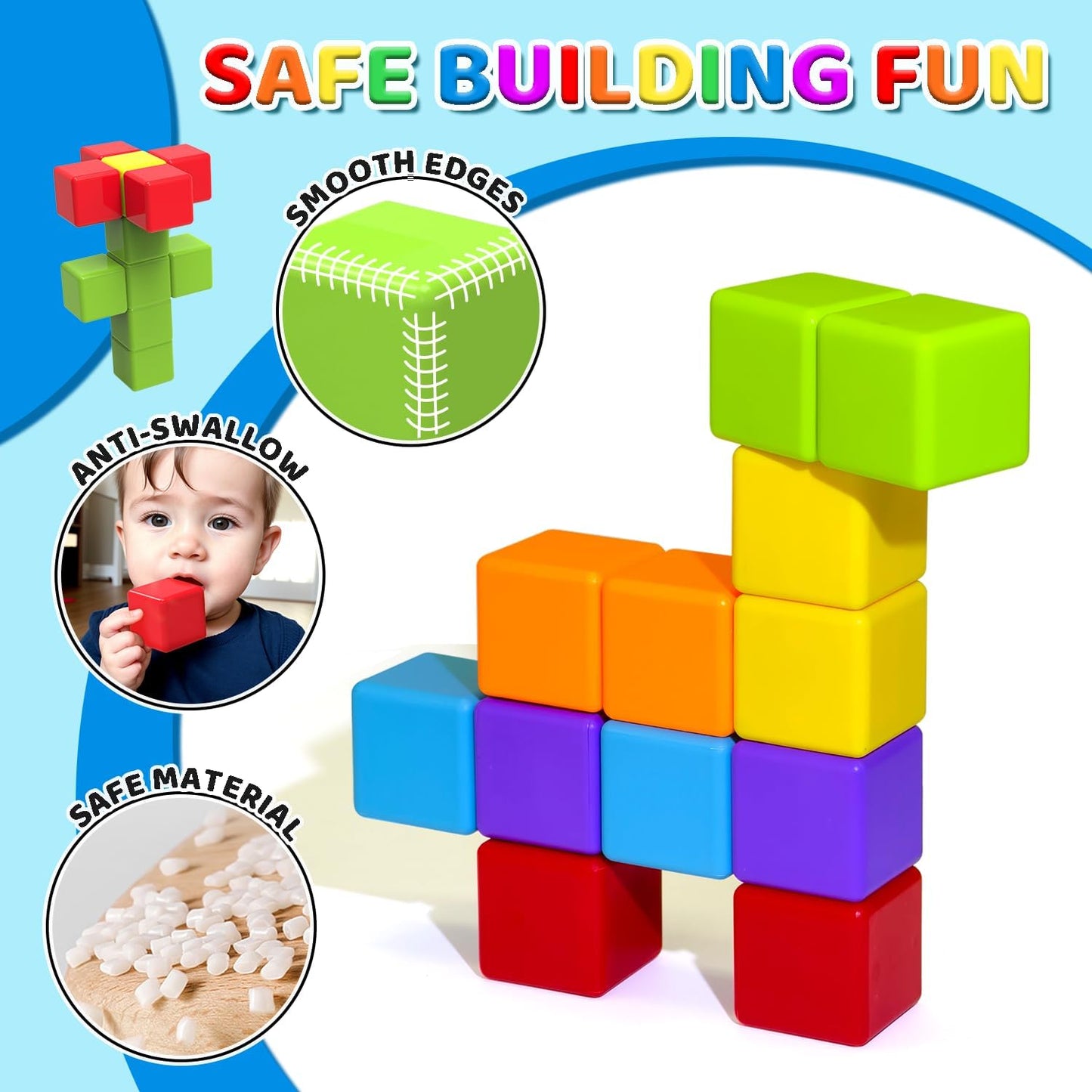 HotMagnetic Building Blocks Large, 1.65 inch Magnetic Stacking Cubes for Toddlers, Sensory & Montessori Toys for Boys & Girls 1 2 3 Years Old (12 PCS)