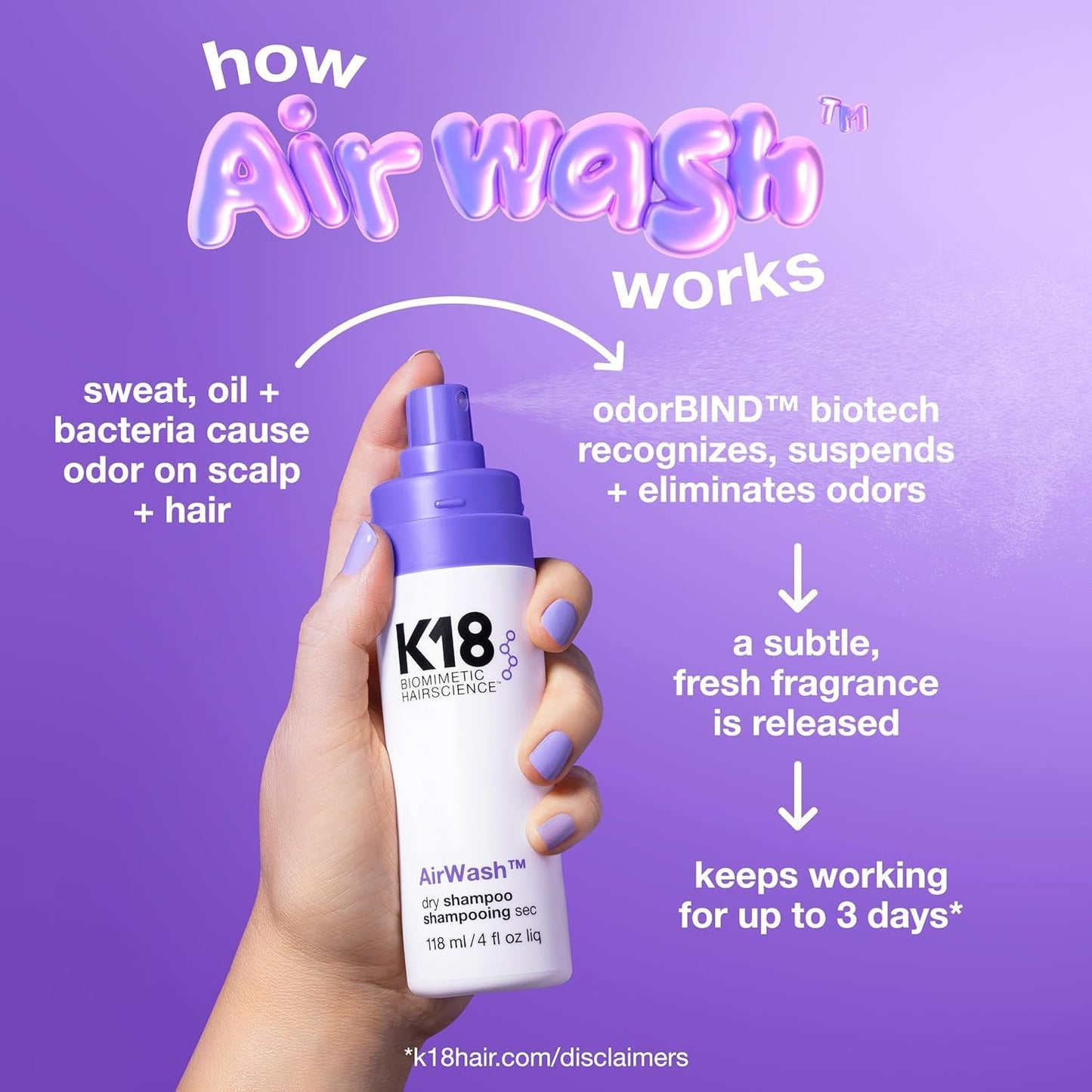 HotK18 AirWash™ Dry Shampoo, Non-Aerosol, Balances Scalp & Controls Excess Oil Production