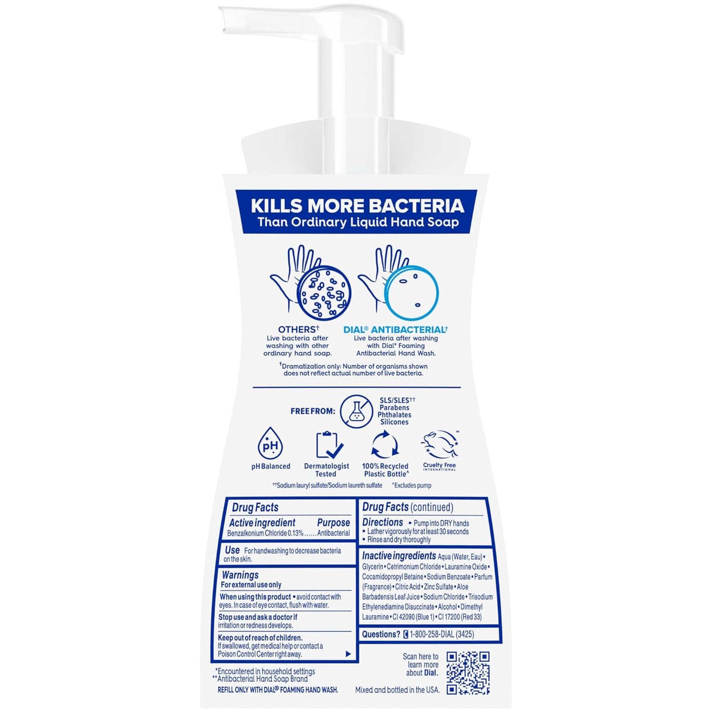 HotDial Antibacterial Defense Foaming Hand Soap + Aloe, Spring Water Scent, 7.5 Fl Oz (Pack of 6), Dermatologist-Tested Hand Wash, Gentle on Skin
