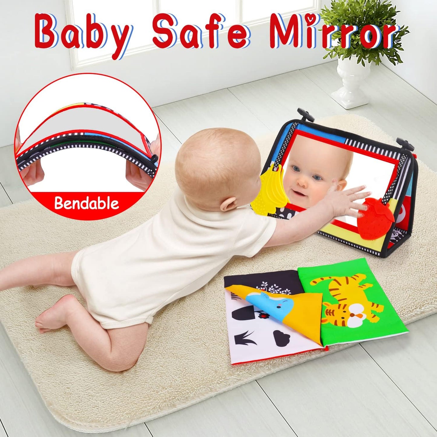 HotTummy Time Baby Mirror Infant Toys Newborn 0 3 Months Brain Development with Crinkle Cloth Book Teether Black and White High Contrast Baby Toys 2 4 5 0-6 Month Boys Girls Sensory Activity Shower Gifts