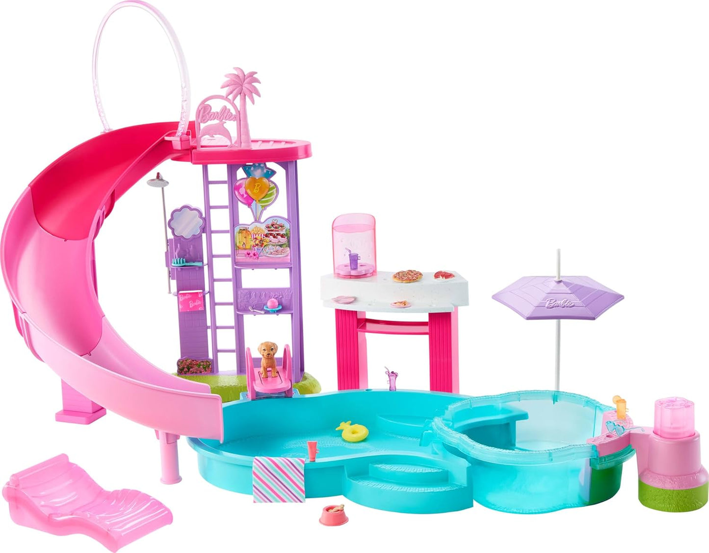 Hot Barbie Dream Pool Playset with 6 Play Areas, Including Slide & Bubbling Hot Tub, Plus 20+ Accessories Like Pet, Floaties & More