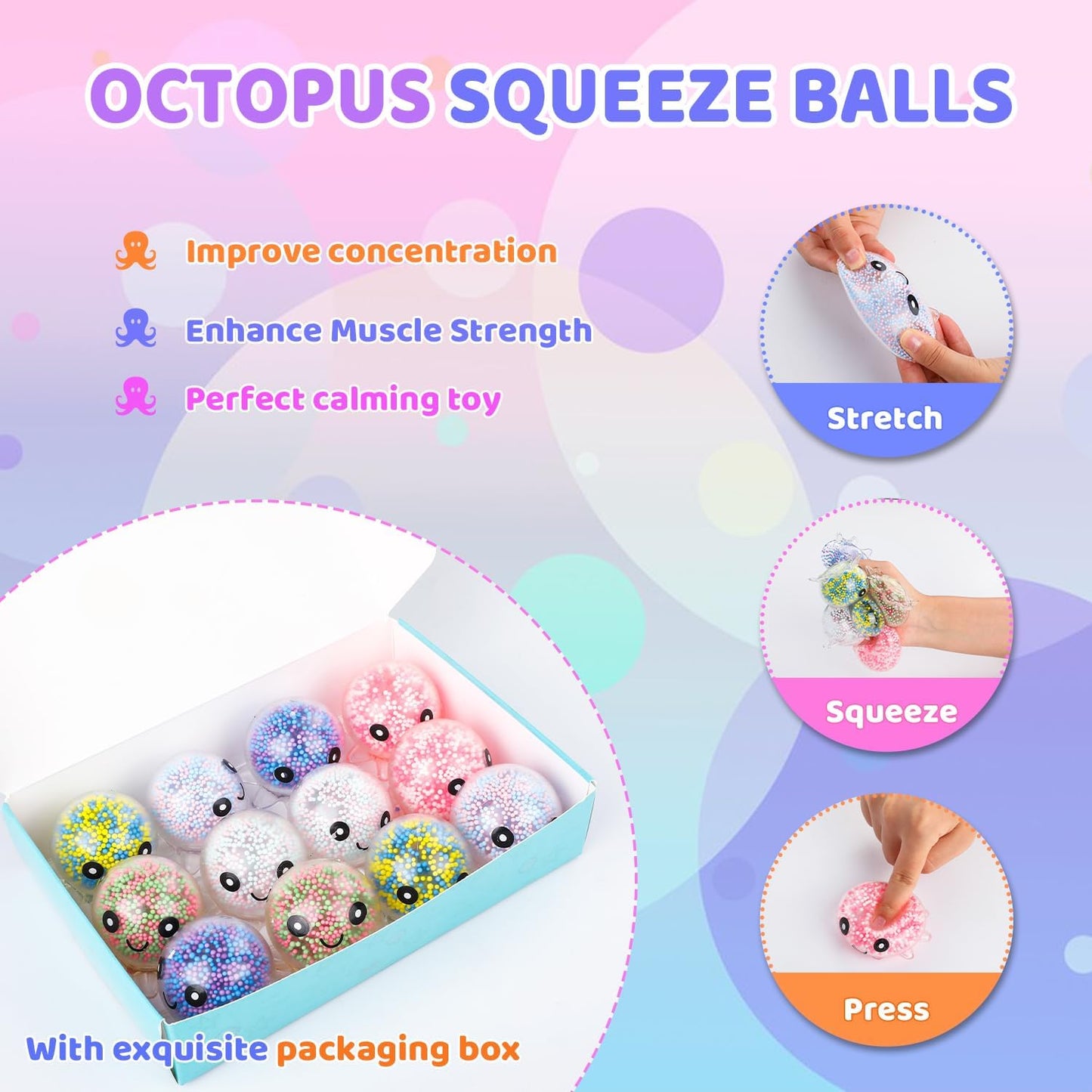 HotVESPRO 12 Pack Fidget Stress Balls for Adults, Cute Octopus Stress Ball | Stress Sensory Stress Ball, Bulk Squishy Squeeze Ball Toys Set for Classroom Prizes and Birthday Party Favors
