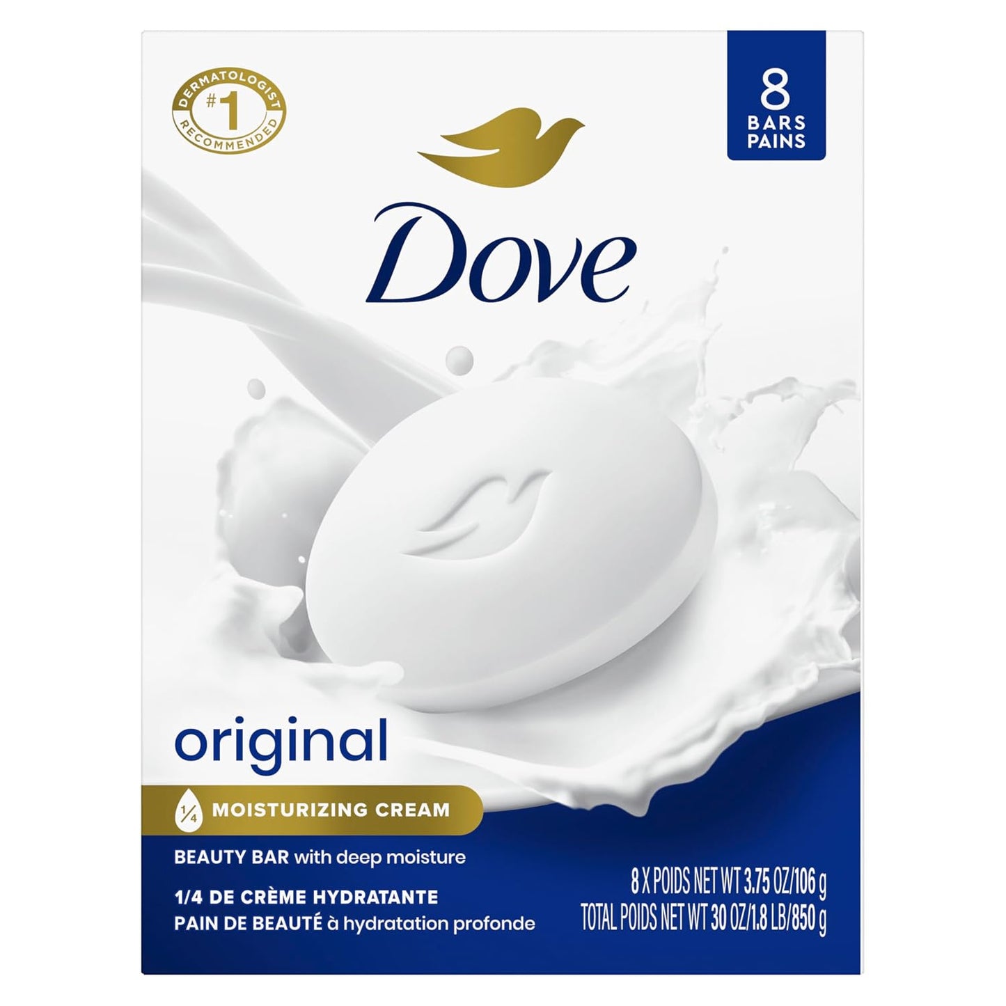 HotDove Beauty Bar Soap Original 8 Count for Soft, Smooth Skin, with 1/4 Moisturizing Cream 3.75 oz