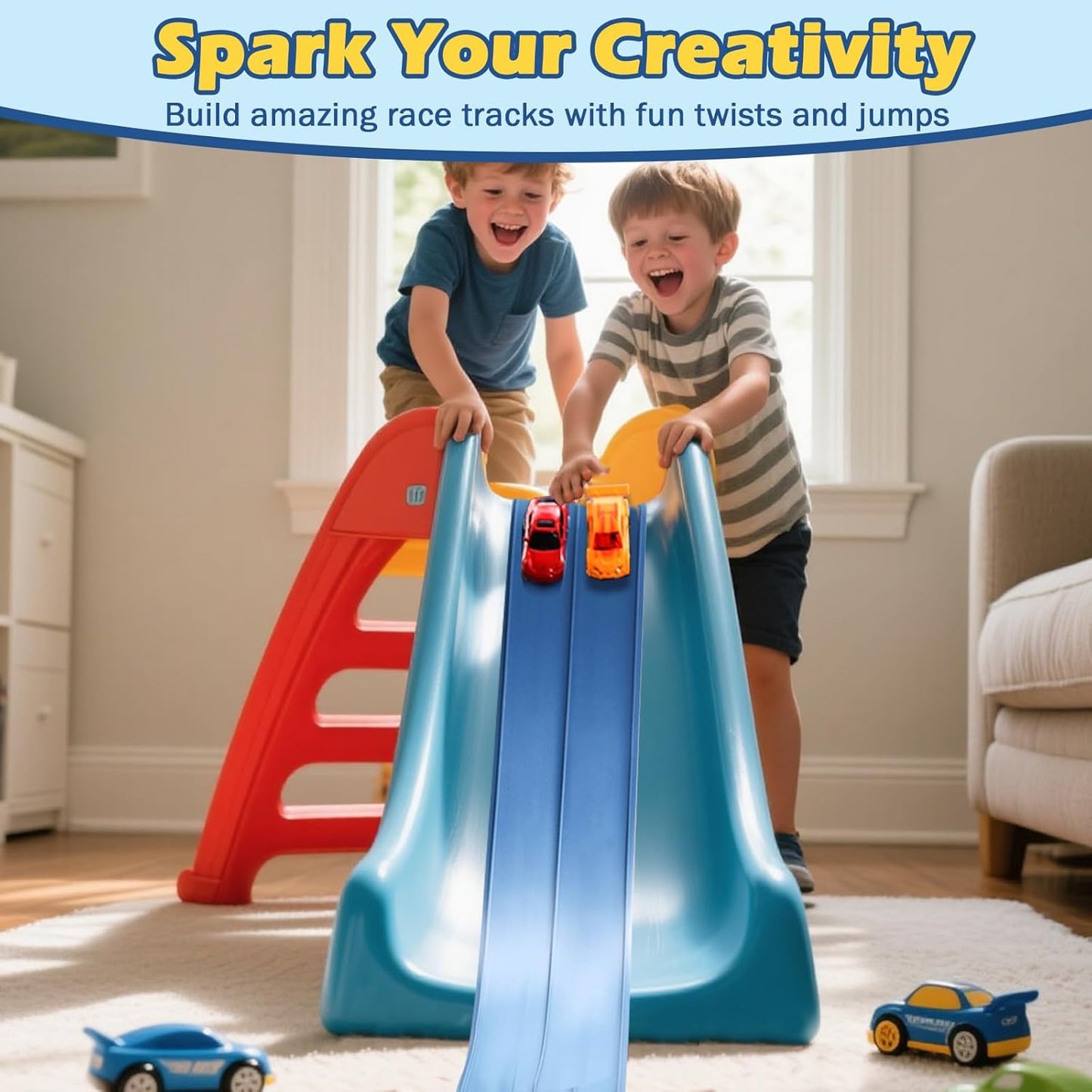 Hot Flex Tracks 15 Ft Starter Set Flexible Race Track for Kids 3+, Flexible Car Track Race Car Ramp Track Compatible with Diecast 1/64th Cars, Portable Rolls Up Race Tracks with Strong Suction Cups