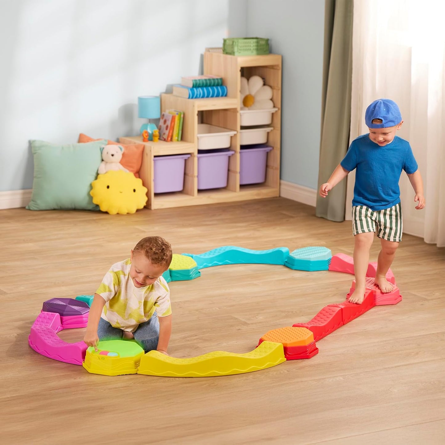 HotB. toys Balance Beam Set, Musical Wavy Beams & Sensory Stones, Summer | Balance & Groove Set with 8 wavy beams, 5 sensory stones, and 1 musical stepping stone for indoor or outdoor play, 3+ Years