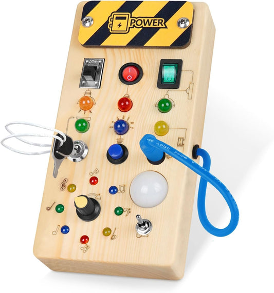 Hot Hoarosall Montessori Wooden Busy Board with 8 LED Light switches, Sensory Toys Light Switch Travel Toys for 1+ Year Old Baby and Toddler