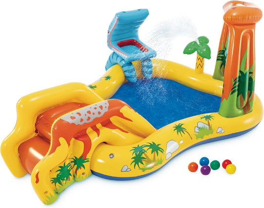 Hot INTEX 57444EP Dinosaur Inflatable Kiddie Pool: Inflatable Kids Pool with Water Sprayer and Slide – Kids Playhouse – 98" x 75" x 43" – Ages 2+