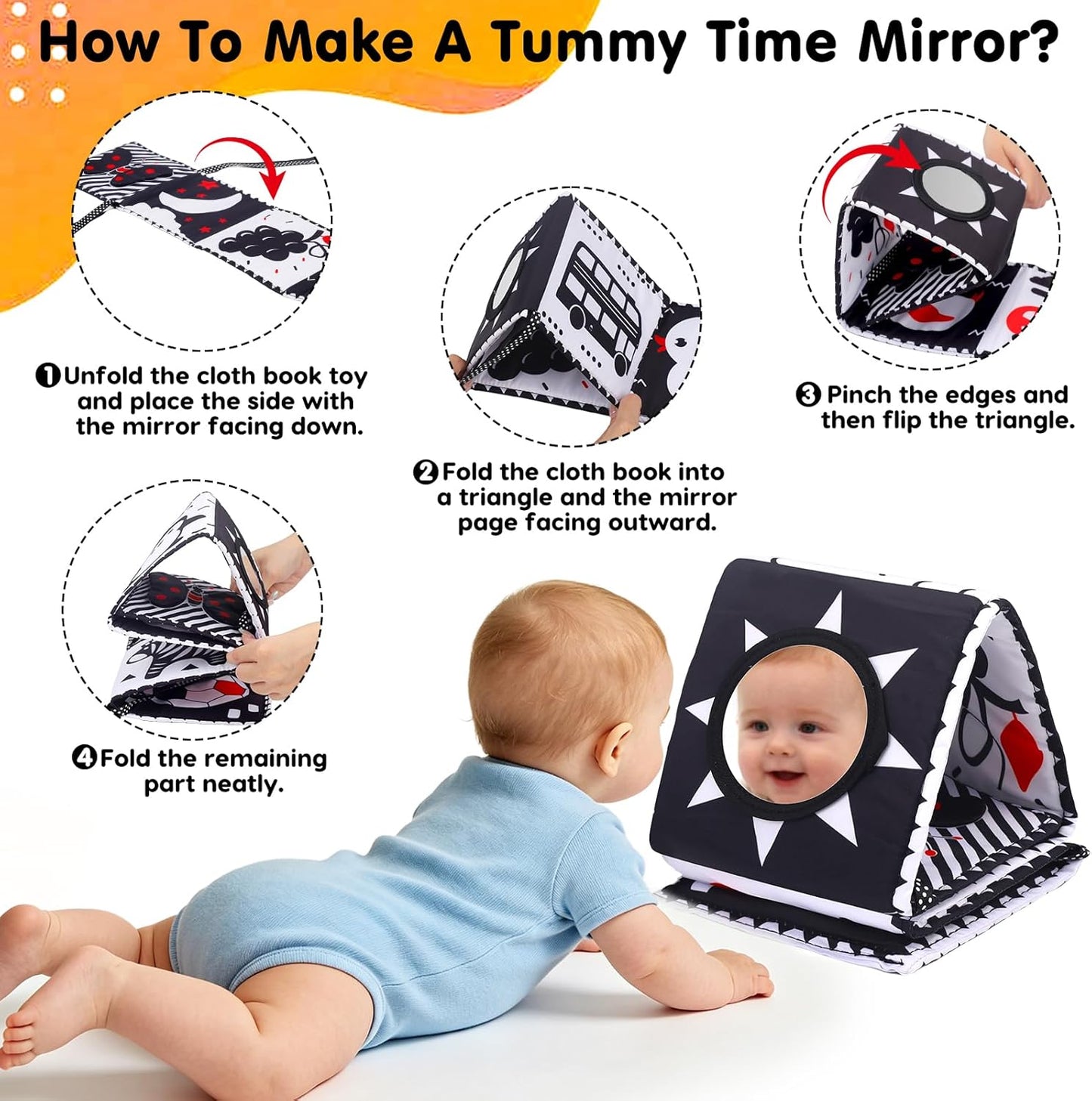 HotBlack and White High Contrast Toys for Baby 0-3 3-6 months Infant Tummy Time Soft Crinkle Book Mirror Sensory Toys 0 2 4 5 6 Month Old Babies Boy Gril Newborn Development Christmas Stocking Stuffer