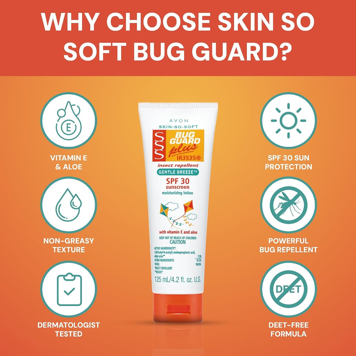HotAVON SSS Bug Guard Plus IR3535 Gentle Breeze SPF 30 Lotion - 4.2 oz | Skin So Soft Bug Guard Insect Repellent Moisturizing Lotion, 2-in-1 Sunscreen & DEET-Free Bug Repellent with Vitamin E & Aloe