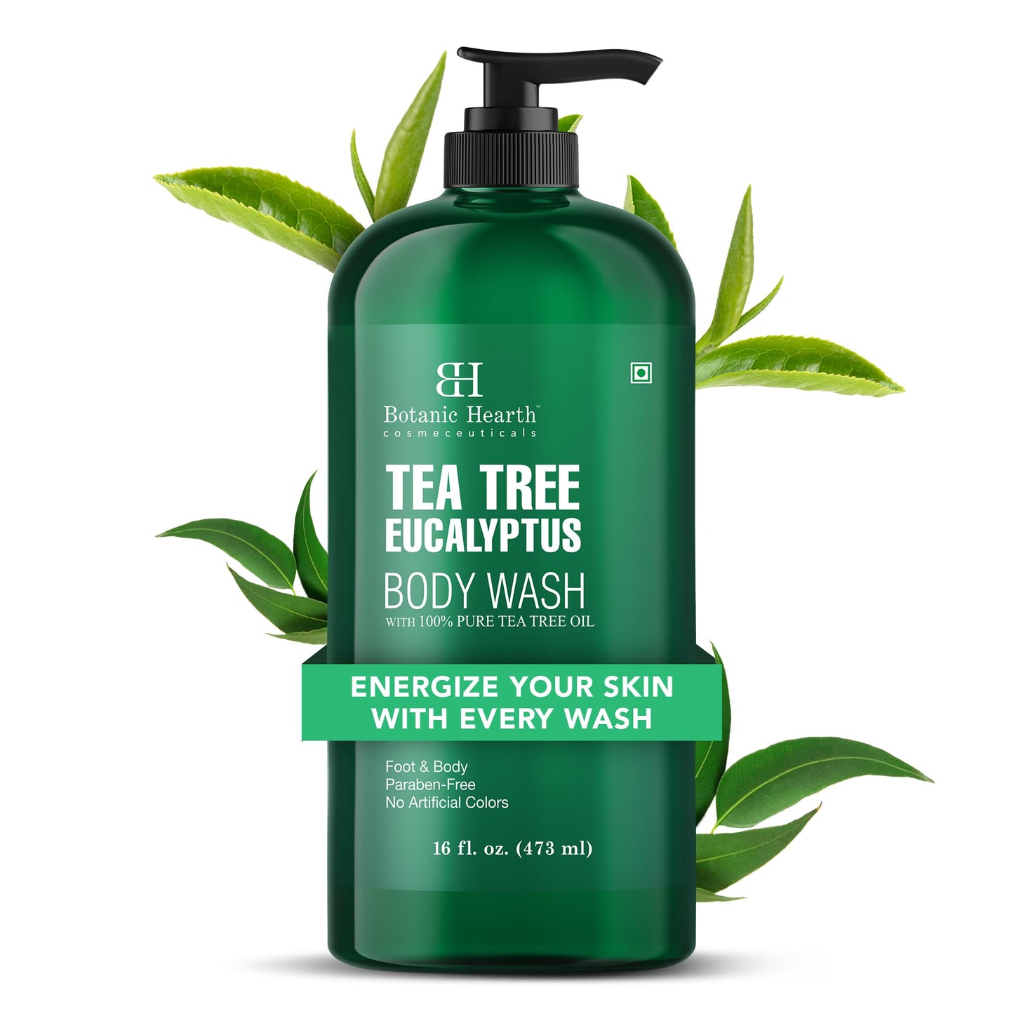 HotBotanic Hearth Tea Tree Body Wash, 16 Fl Oz (473 ml) Pack of 2 | With Tea Tree Oil, Peppermint & Sea Buckthorn | Gently Cleanses, Refreshes & Nourishes Skin | Sulfate & Paraben Free | For Men & Women