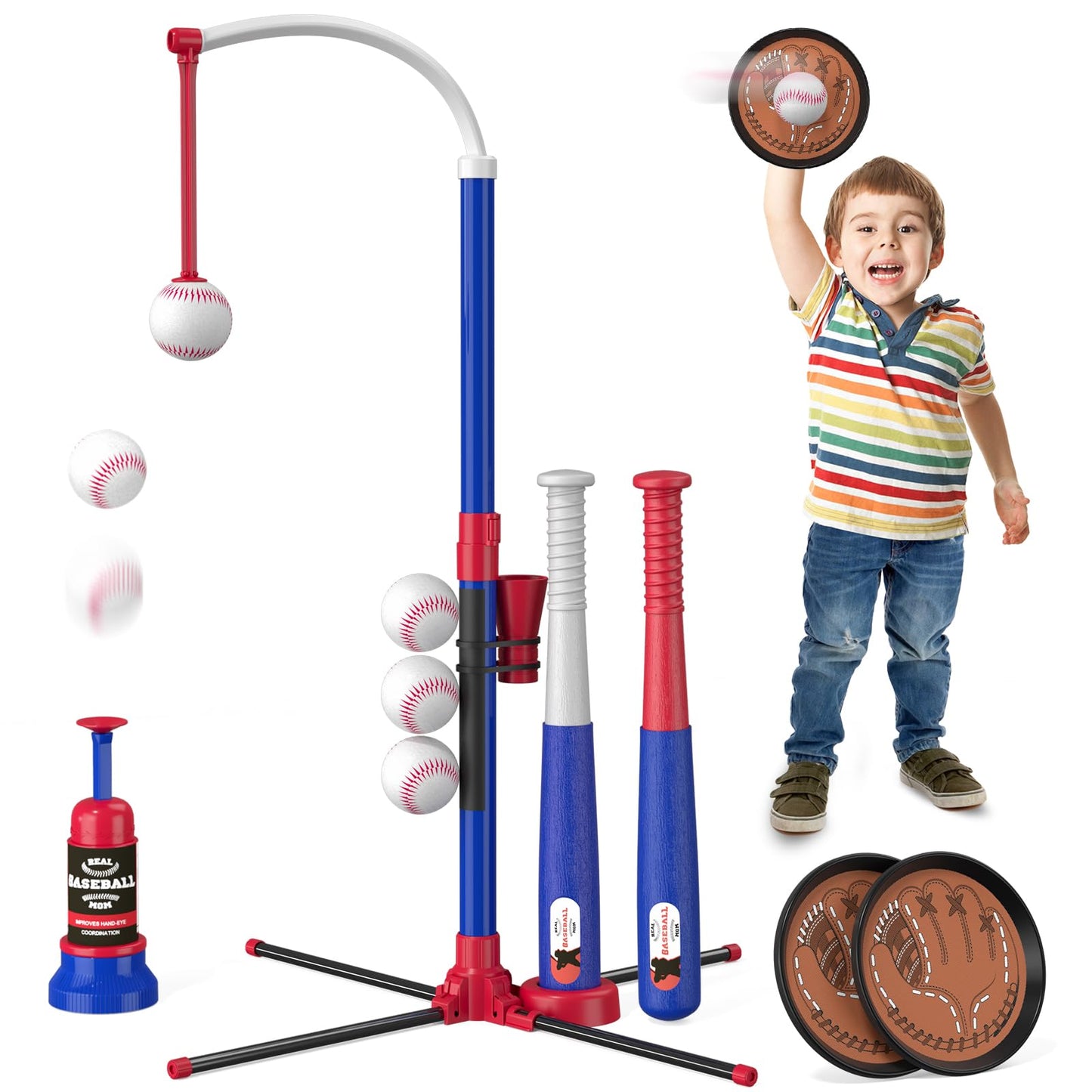 HotHYES 3-in-1 Baseball Set for Kids 3-5 - Tee Ball Stand, Hanging Tee, Ball Launcher and 6 Softballs - Adjustable Height, Indoor/Outdoor Sport Gifts for Boys Girls