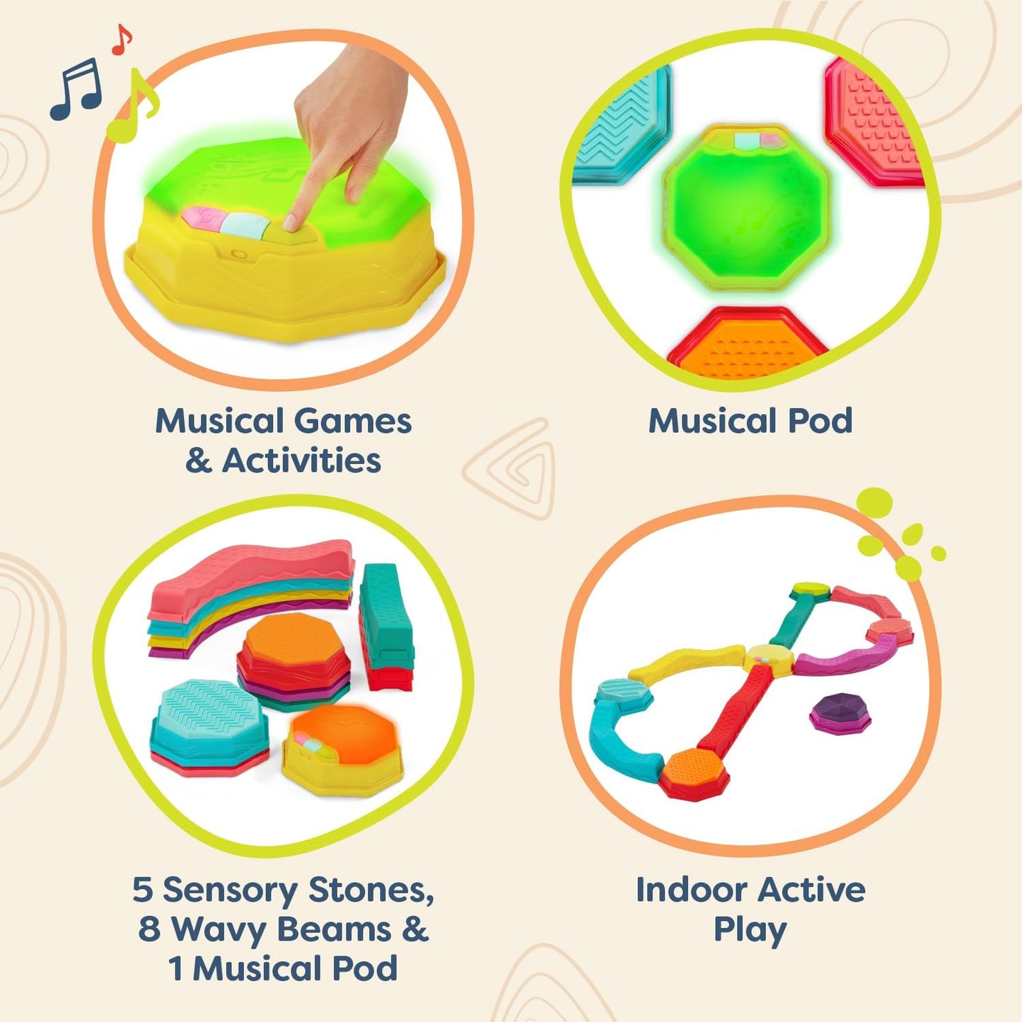 HotB. toys Balance Beam Set, Musical Wavy Beams & Sensory Stones, Summer | Balance & Groove Set with 8 wavy beams, 5 sensory stones, and 1 musical stepping stone for indoor or outdoor play, 3+ Years