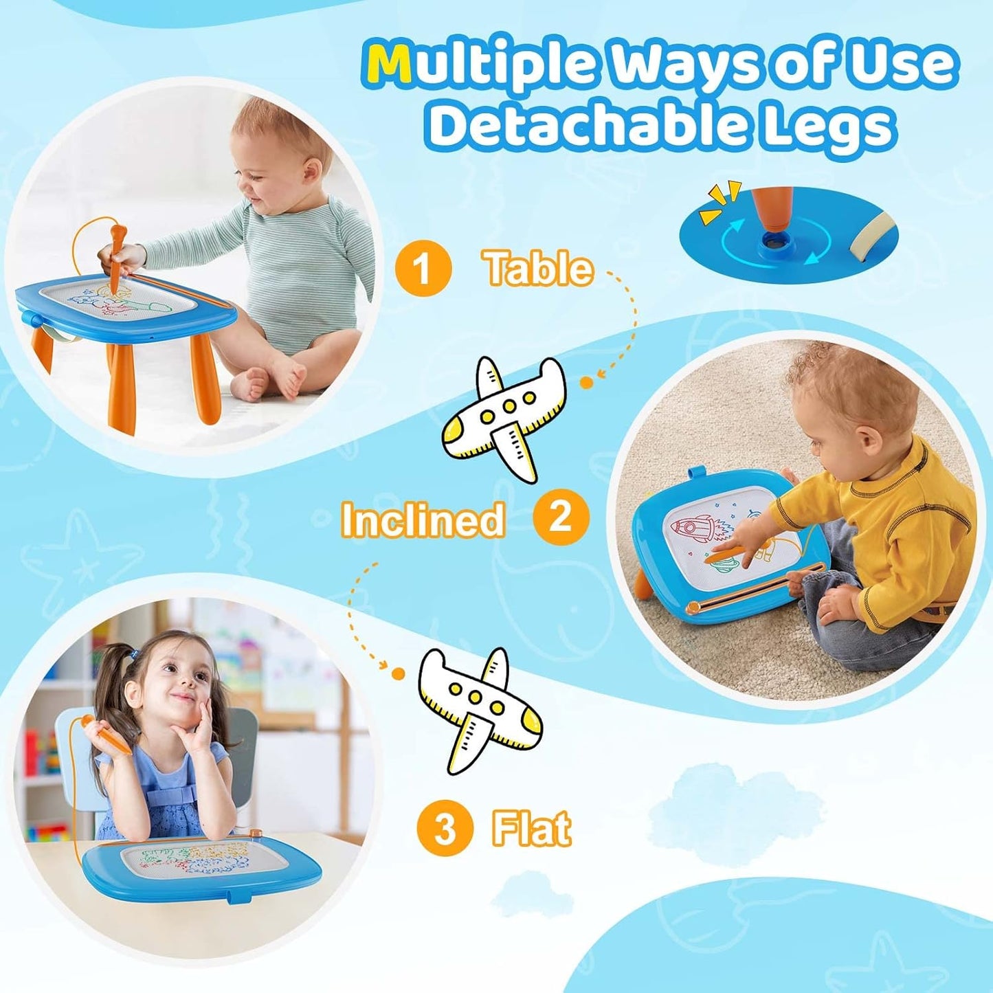 HotKikidex Magnetic Drawing Board, Toddler Girl Toys for 1-3 Year Old, Doodle Board Pad Learning and Educational Toys for 1 2 3 Year Old Baby Kids Birthday Gift (Light Blue)