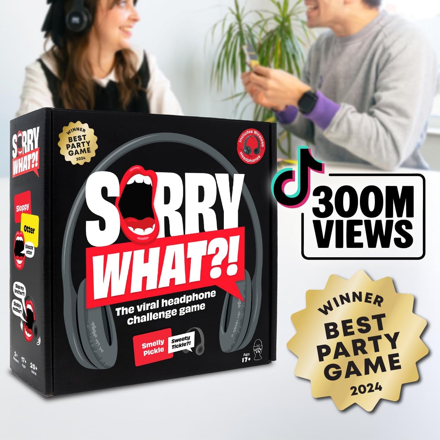 HotLucky Egg Sorry What - Award Winning Lip Reading Friends Party Game Based On The Headphone Challenge TikTok Trend - 2+ Players 40,000 Funny Word Phrase Combinations Card Game for Friends
