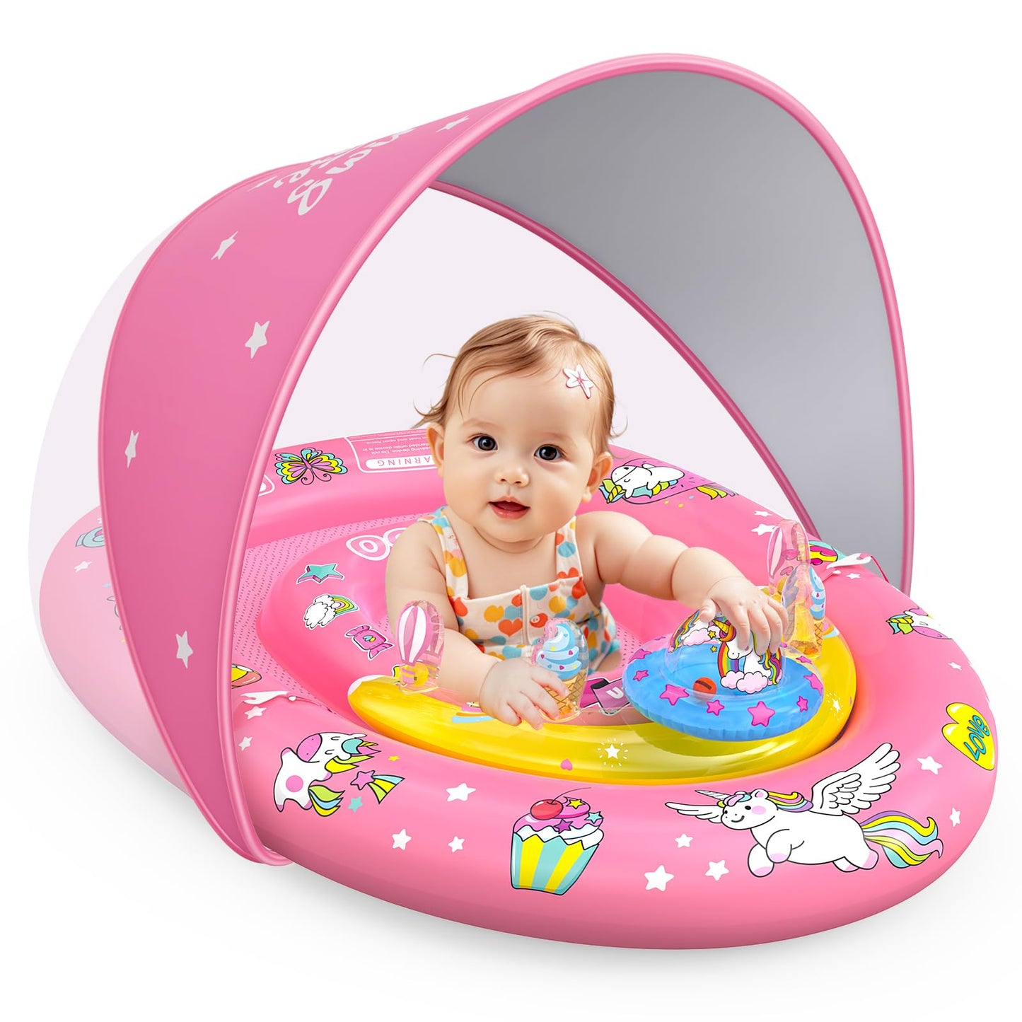 HotEZIGO Baby Pool Float with Canopy UPF50+ Sun Protection, Inflatable Kids Pool Floats with Ocean Animal Toys for Baby 6-36 Months, Infant Swimming Float with Adjustable Safety Seat for Boys Girls