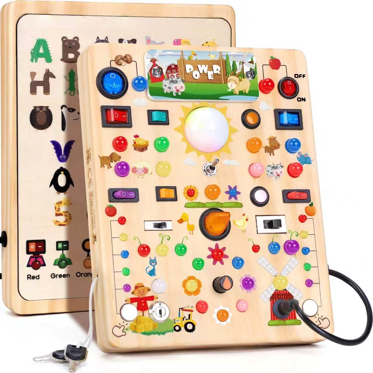 HotBusy Board with LED Light Switches, Montessori Toys for 1 2 3 Years Old, Toddlers Wooden Toy Sensory Activity Board, Travel Toys for 1+ Year Old Boy & Girl Birthday Gift