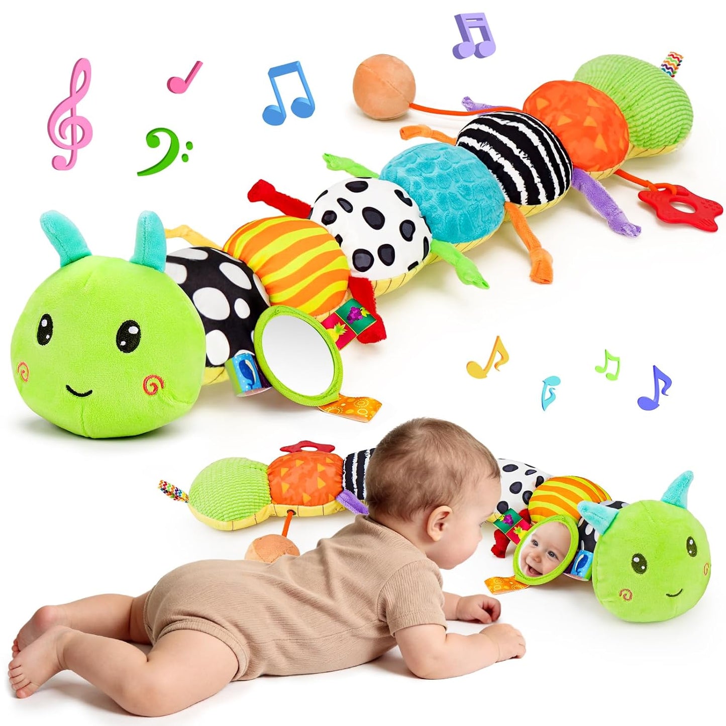HotTopsochir Baby Sensory Toys 0-6 Months Music Animal Stuffed Plush Caterpillar Toy for Infant 0-3-6-12 Month Old Tummy Time with Mirror Crinkle Rattle Toys for Newborn Boys Girls Shower Birthday Gifts