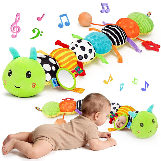 HotTopsochir Baby Sensory Toys 0-6 Months Music Animal Stuffed Plush Caterpillar Toy for Infant 0-3-6-12 Month Old Tummy Time with Mirror Crinkle Rattle Toys for Newborn Boys Girls Shower Birthday Gifts