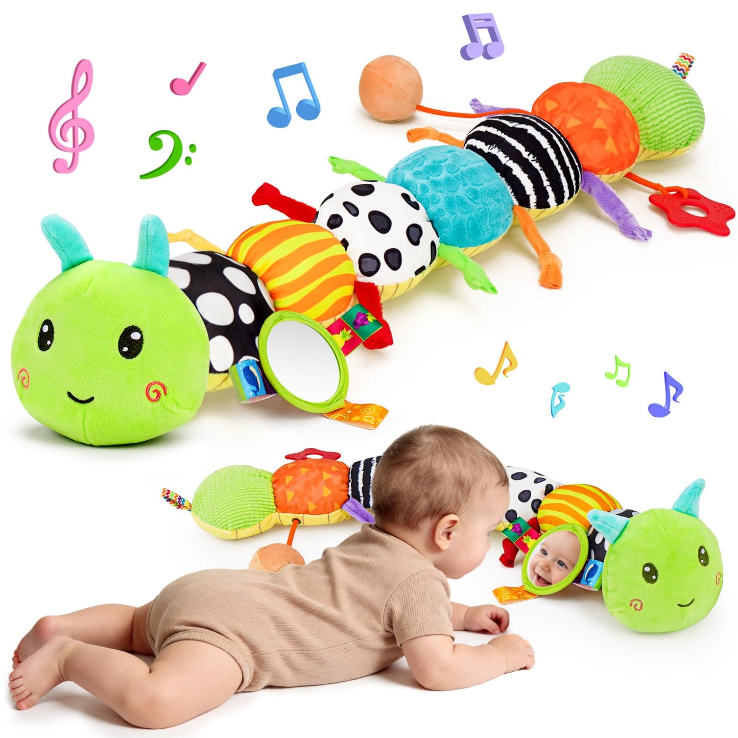 HotTopsochir Baby Sensory Toys 0-6 Months Music Animal Stuffed Plush Caterpillar Toy for Infant 0-3-6-12 Month Old Tummy Time with Mirror Crinkle Rattle Toys for Newborn Boys Girls Shower Birthday Gifts
