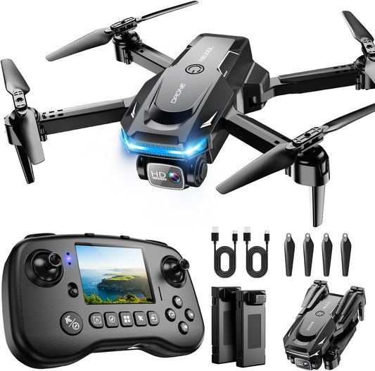 Hot Drone with Camera - Drone with Screen on Controller for Beginners, Foldable Remote Control Quadcopter with Gesture Control, 3D Flip, One Key Start, Emergency Stop, 2 Batteries, Easier to use