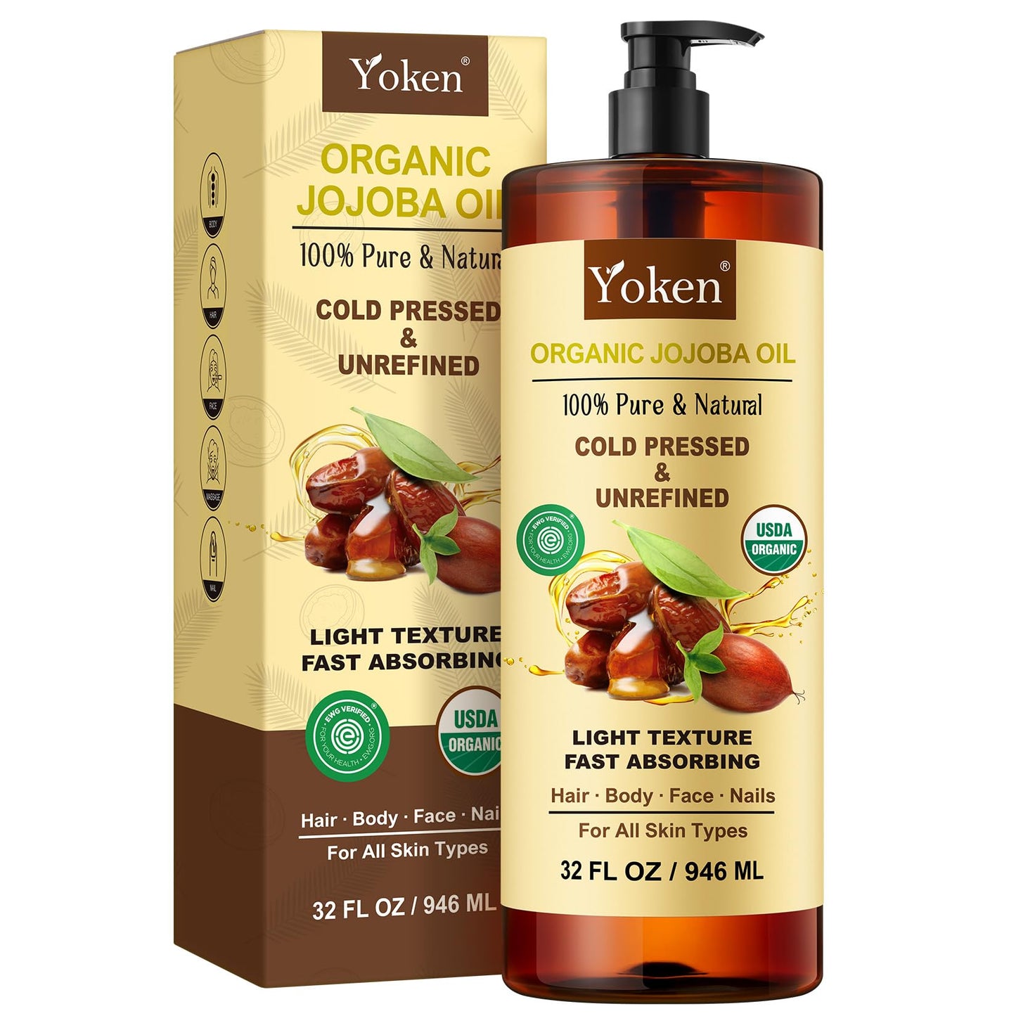 HotYoken Organic Jojoba Oil 16oz, USDA Certified Cold Pressed for Skin Care | Cold Pressed Body Oil Women After Shower Unscented Carrier Massage Moisturizer Hydrating Nourishing Essential Mixing