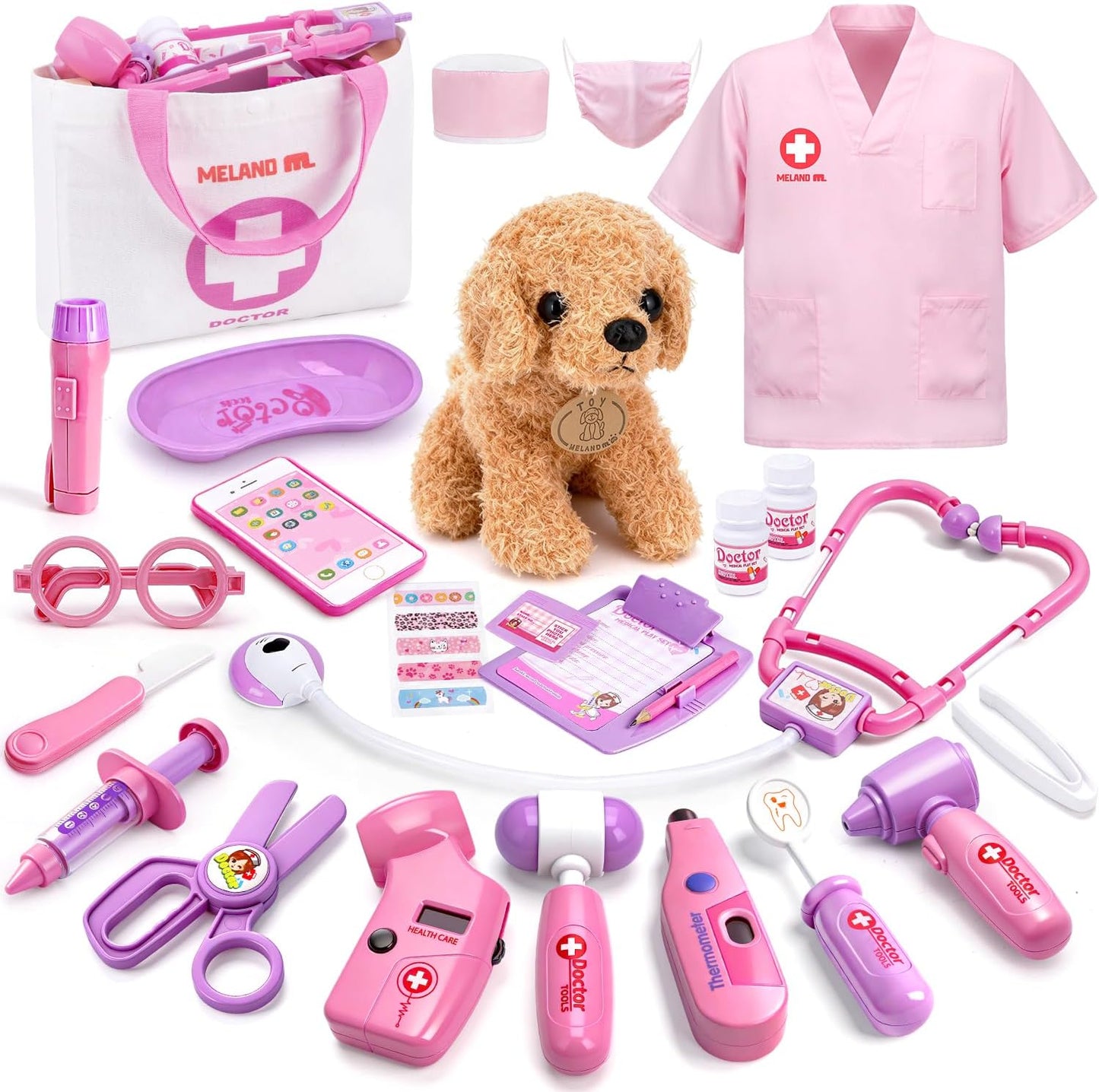 HotMeland Toy Doctor Kit for Girls, Pretend Play Toy Doctor Set with Dog , Carrying Bag, Stethoscope & Dress Up Costume Gift for Kids Toddlers Ages 3 4 5 6 Year Old for Role Play