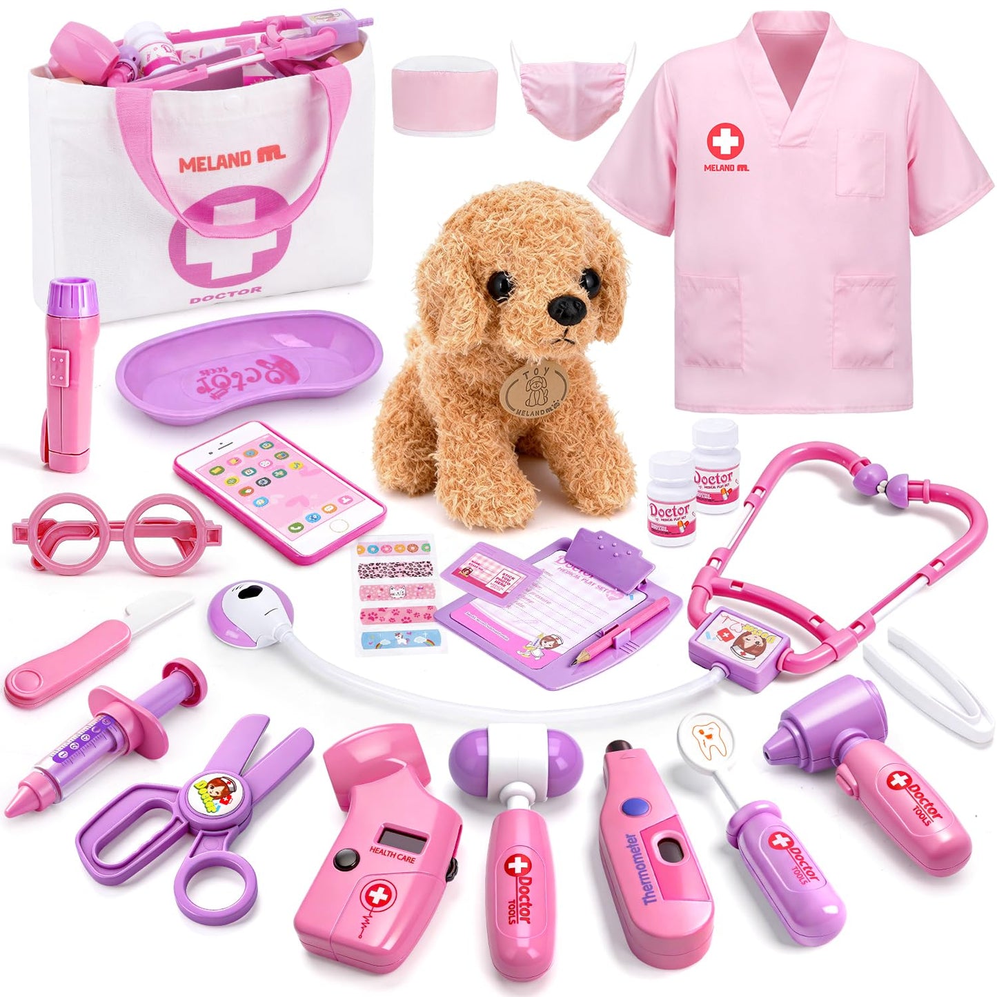 HotMeland Toy Doctor Kit for Girls, Pretend Play Toy Doctor Set with Dog , Carrying Bag, Stethoscope & Dress Up Costume Gift for Kids Toddlers Ages 3 4 5 6 Year Old for Role Play