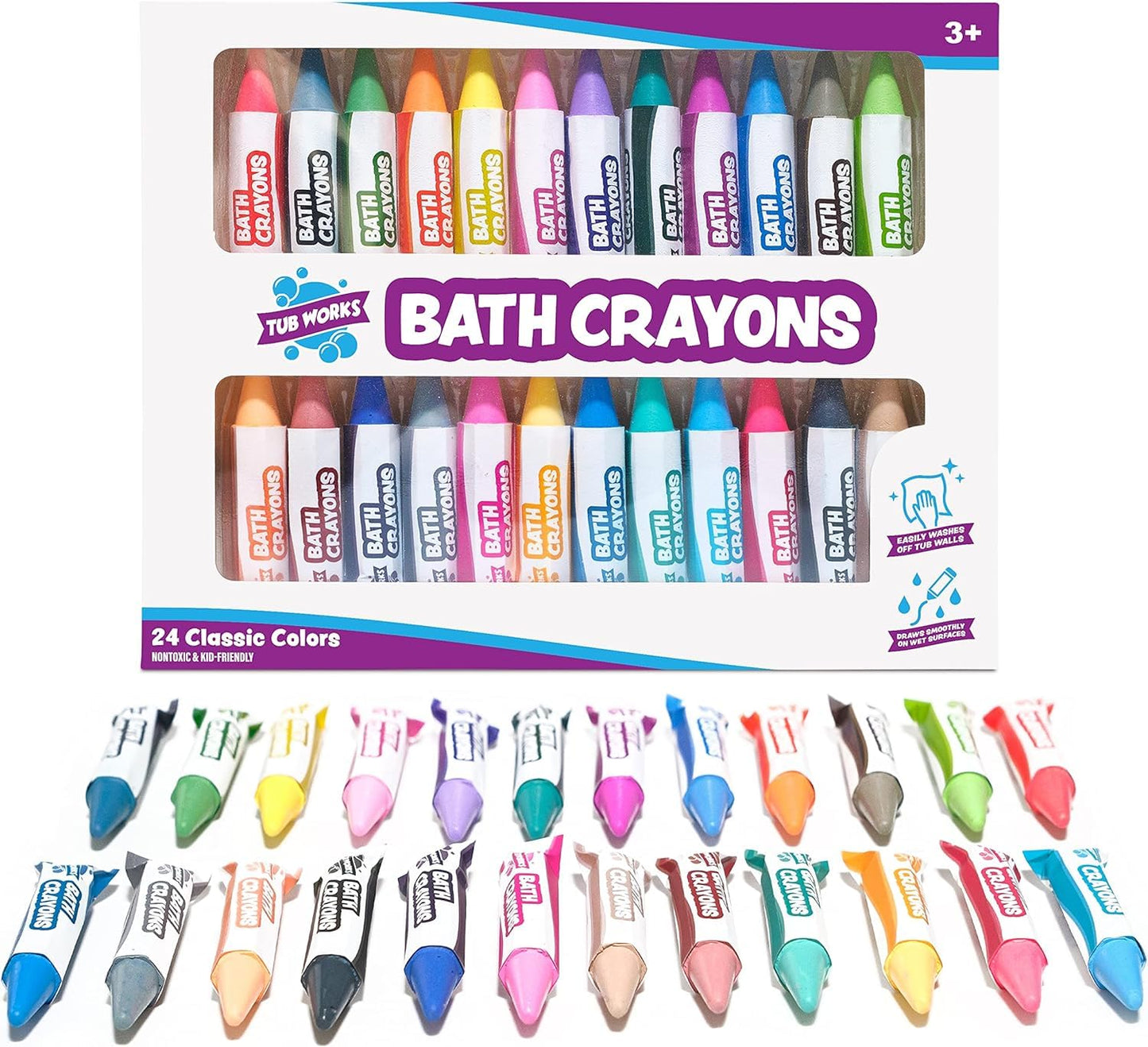 HotTub Works® Smooth™ Bath Crayons Bath Toy, 12 Pack | Nontoxic, Washable Bath Crayons for Toddlers & Kids | Unique Formula Draws Smoothly & Vividly on Wet & Dry Tub Walls | Hexagon Grip Bathtub Crayons