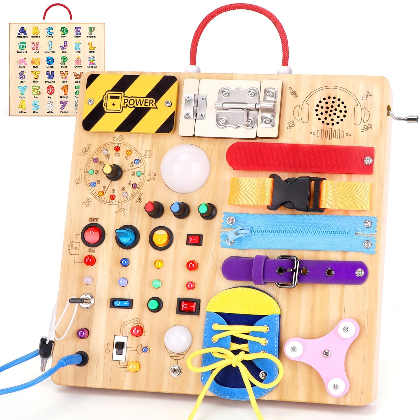 Hot Hoarosall Montessori Wooden Busy Board with 8 LED Light switches, Sensory Toys Light Switch Travel Toys for 1+ Year Old Baby and Toddler