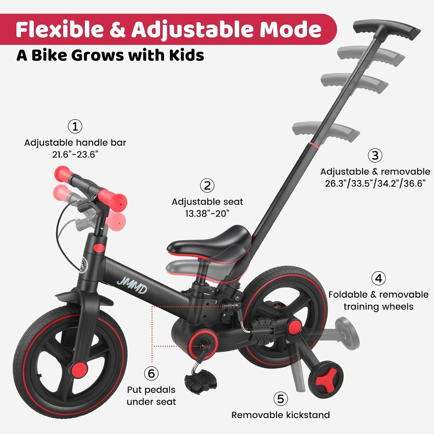 Hot JMMD 6 in 1 Toddler Bike with Push Handle for Kids 18-60 Months, 12" Foldable Balance Bike with Training Wheels, Pedals, Brakes, Kickstand, Push Tricycle Toddler Gift & Toys for Boy & Girl