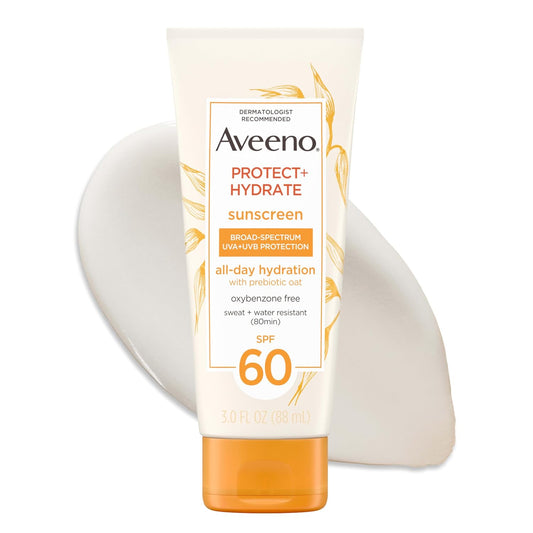 HotAveeno Protect + Hydrate Sunscreen Lotion for Body & Face with Prebiotic Oat, SPF 60 Broad Spectrum Sunscreen, Paraben, & Oil Free, Water & Sweat Resistant (80-min) for Sensitive Skin, 3 Fl Oz | Moisturizing