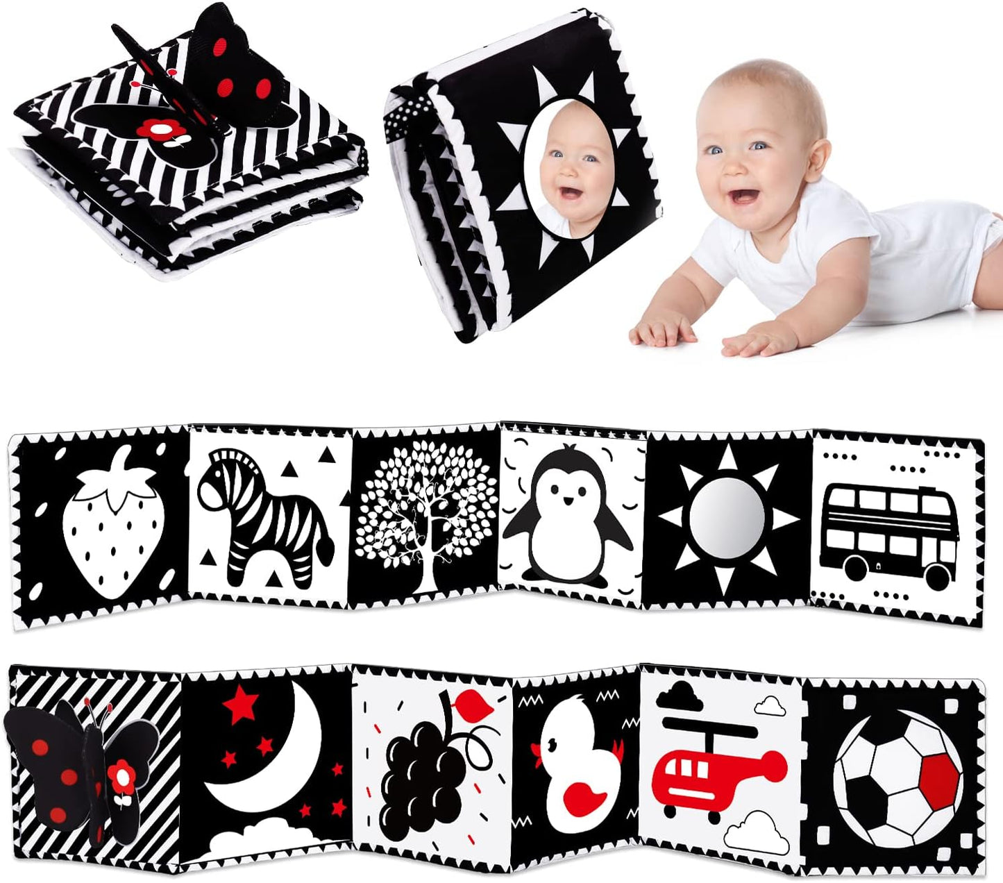 HotBlack and White High Contrast Toys for Baby 0-3 3-6 months Infant Tummy Time Soft Crinkle Book Mirror Sensory Toys 0 2 4 5 6 Month Old Babies Boy Gril Newborn Development Christmas Stocking Stuffer