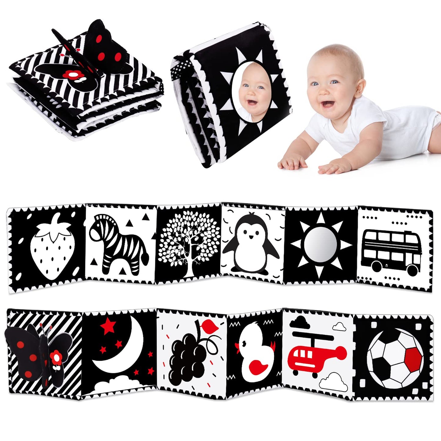 HotBlack and White High Contrast Toys for Baby 0-3 3-6 months Infant Tummy Time Soft Crinkle Book Mirror Sensory Toys 0 2 4 5 6 Month Old Babies Boy Gril Newborn Development Christmas Stocking Stuffer