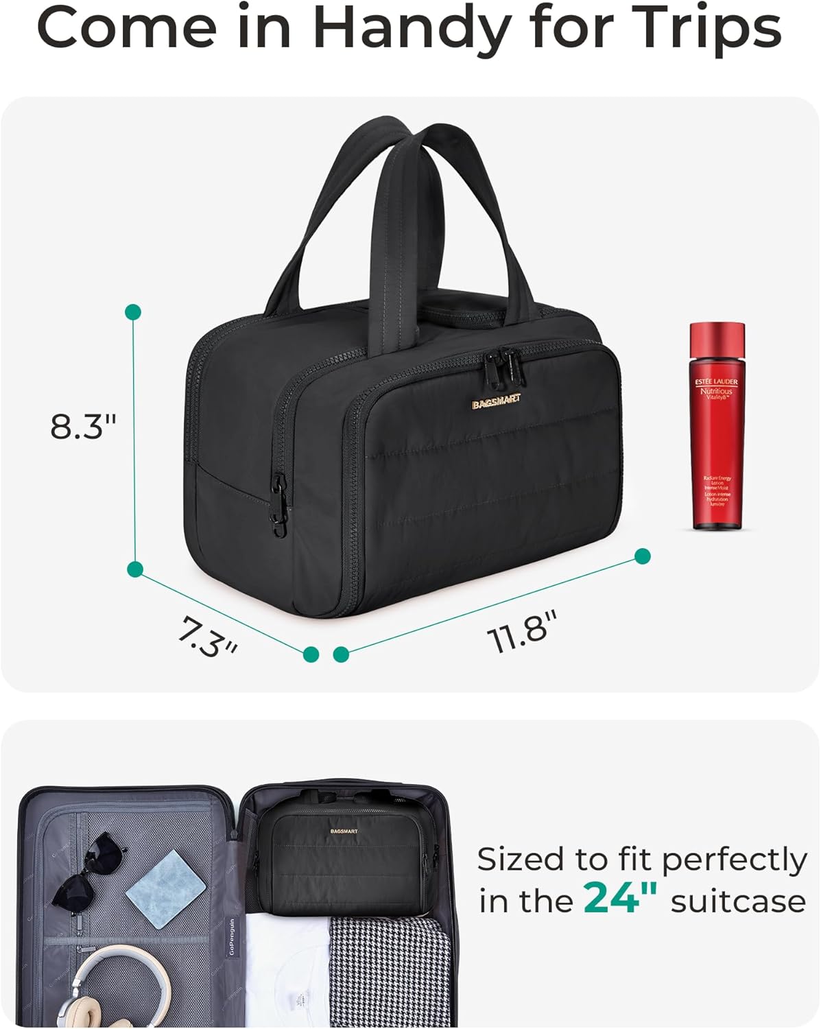 HotBAGSMART Travel Toiletry Bag, Lightweight Large Wide-open Travel Bag for Women, Puffy Cosmetic Makeup Bag Organizer with Handle for Accessories,Essentials, Toiletries, Black